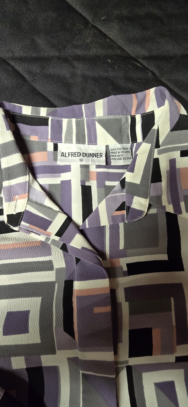 Alfred Dunner Womens Size 12 Geometric Button Front Blouse Purple Gray Career