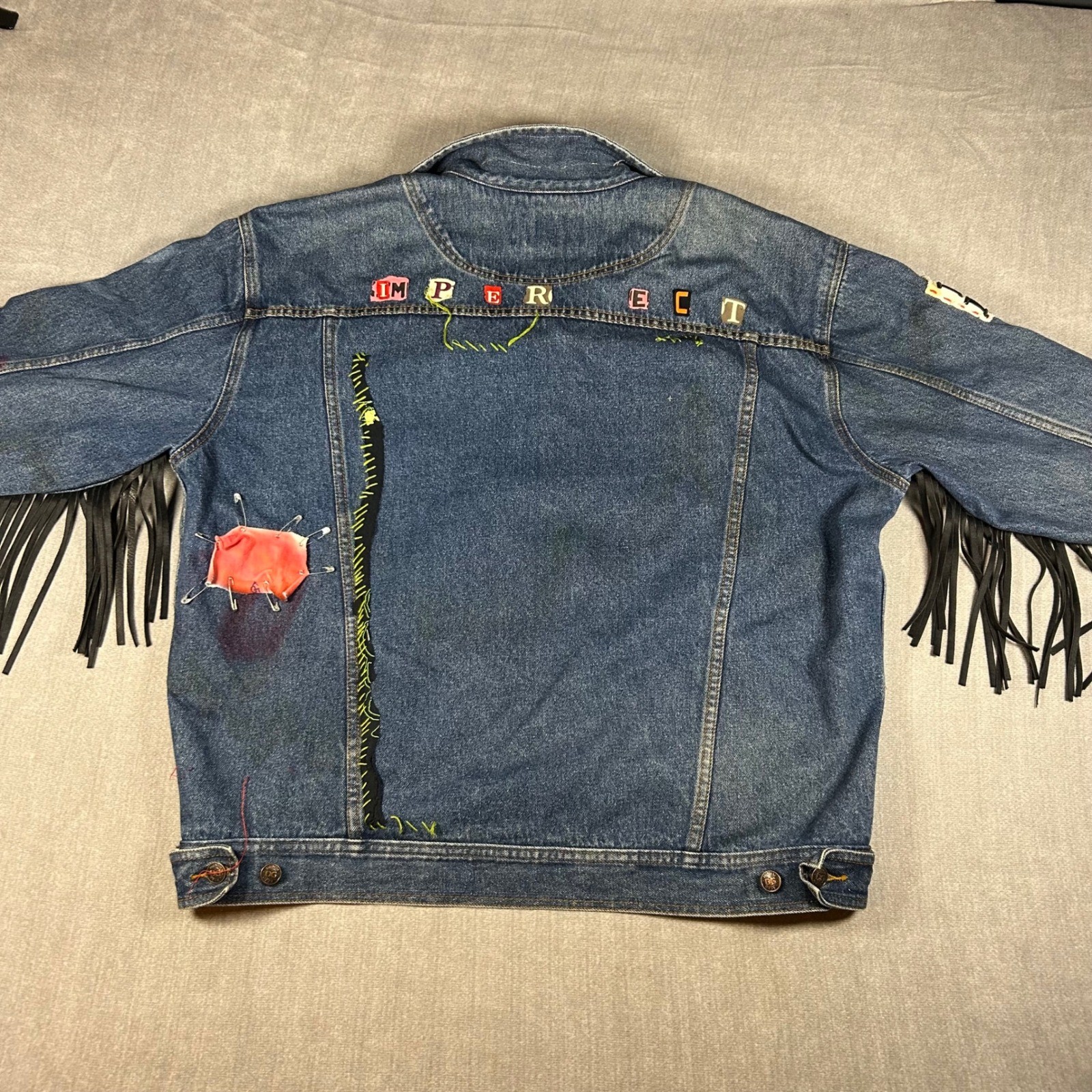 Denim Gear DIY Punk Custom Fringe Jean Jacket XXL Blue Distressed Eat The Rich