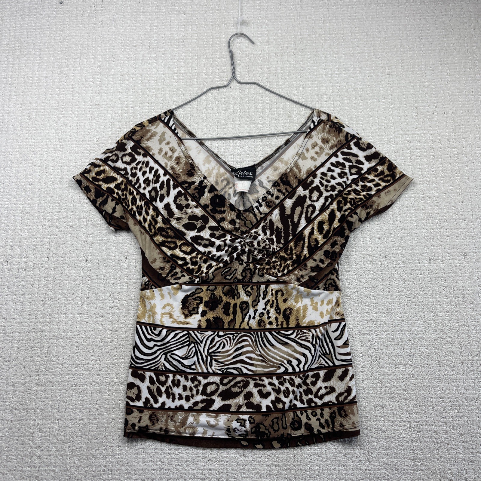 Y2K Artex Artsy Glam Top Shirt Sz M Animal Print Ruched V-Neck Canada Made