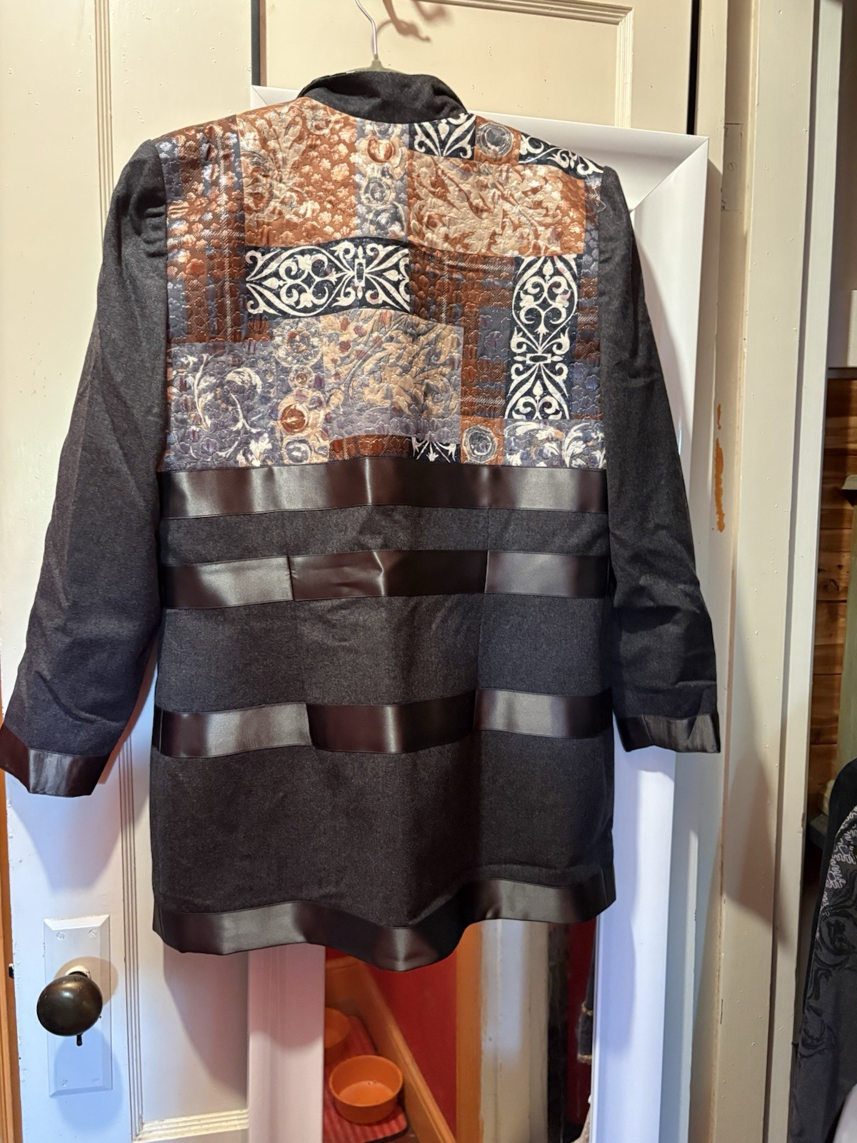 Vintage Claude Patrick Paris Gray Oversize Patchwork Tapestry Long Jacket Art