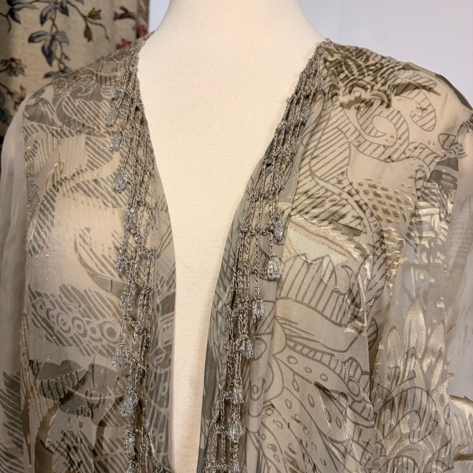 Alex Evenings Vintage Beige Floral Beaded gown with gorgeous fringe detailing