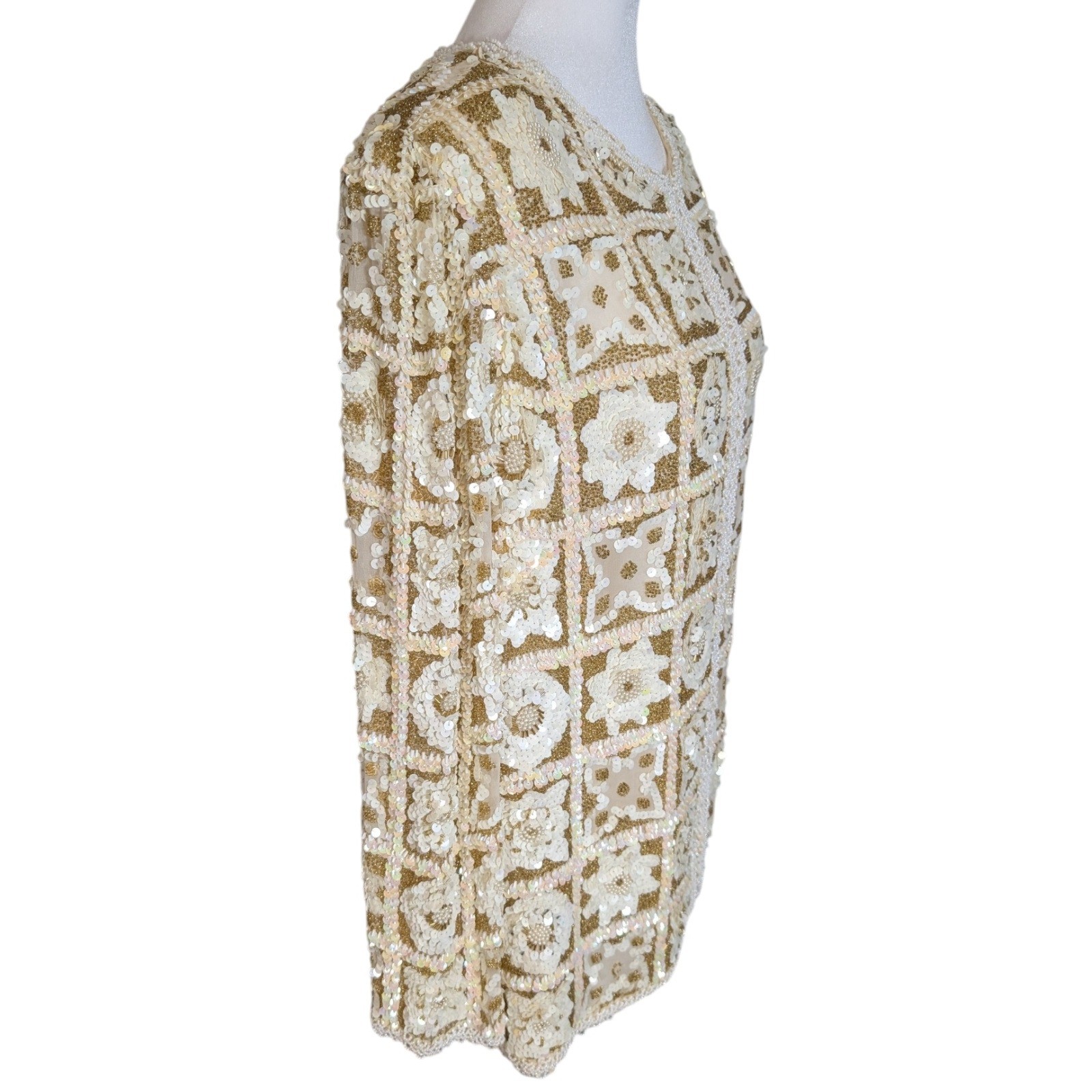 Galleria International Vintage Silk Beaded Sequin Jacket Gold Cream Floral Sz 14