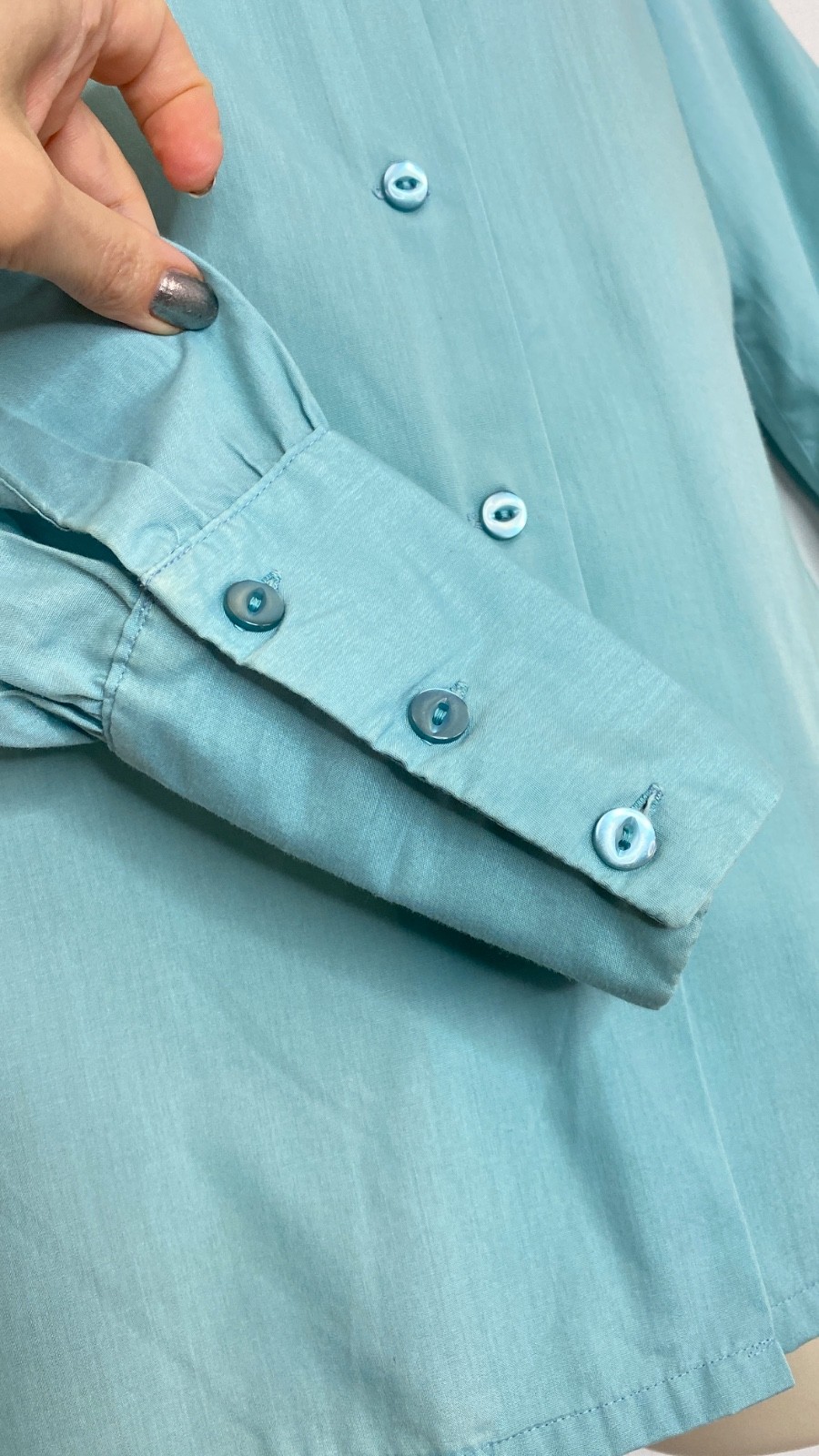 Vintage 1970s teal blouse XS long balloon sleeves cotton blend shirt top button