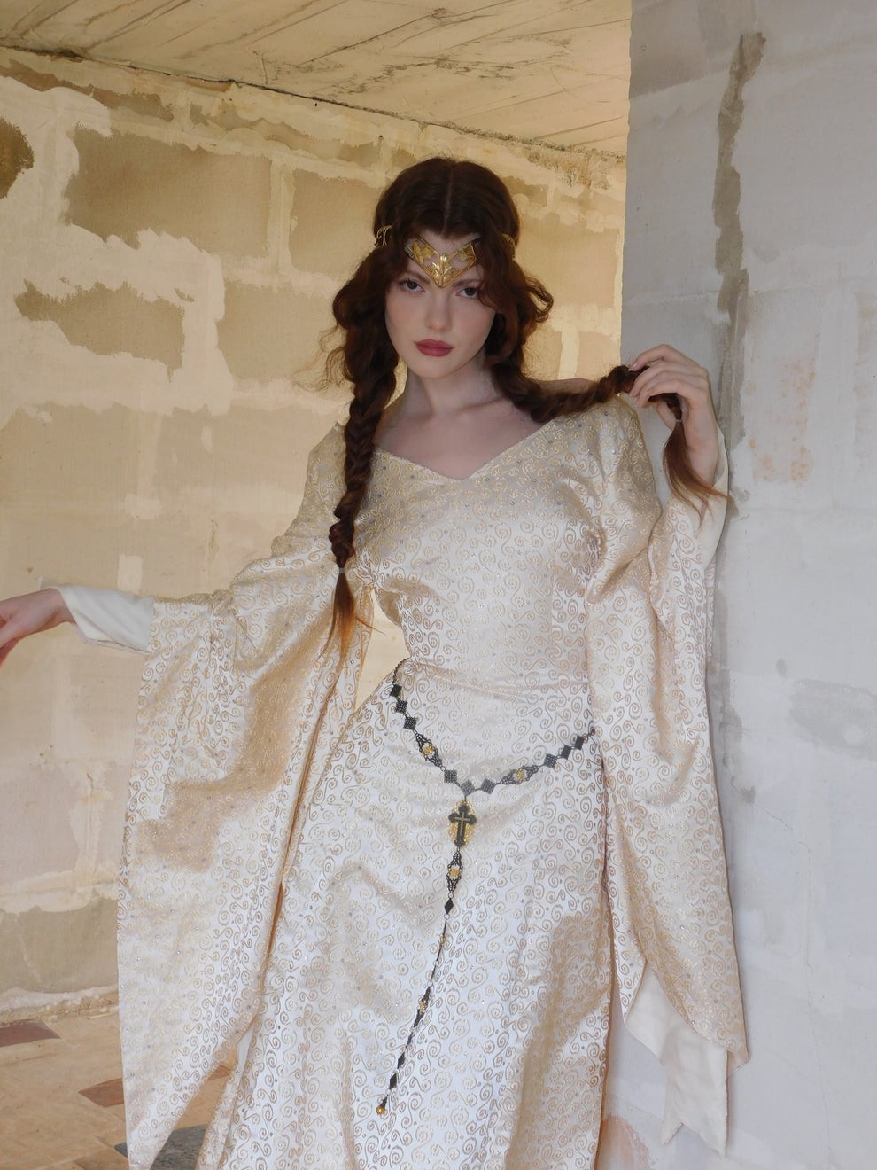 1930s Vintage Spanish Silk Gold Embroidered Medieval Brocade Gown