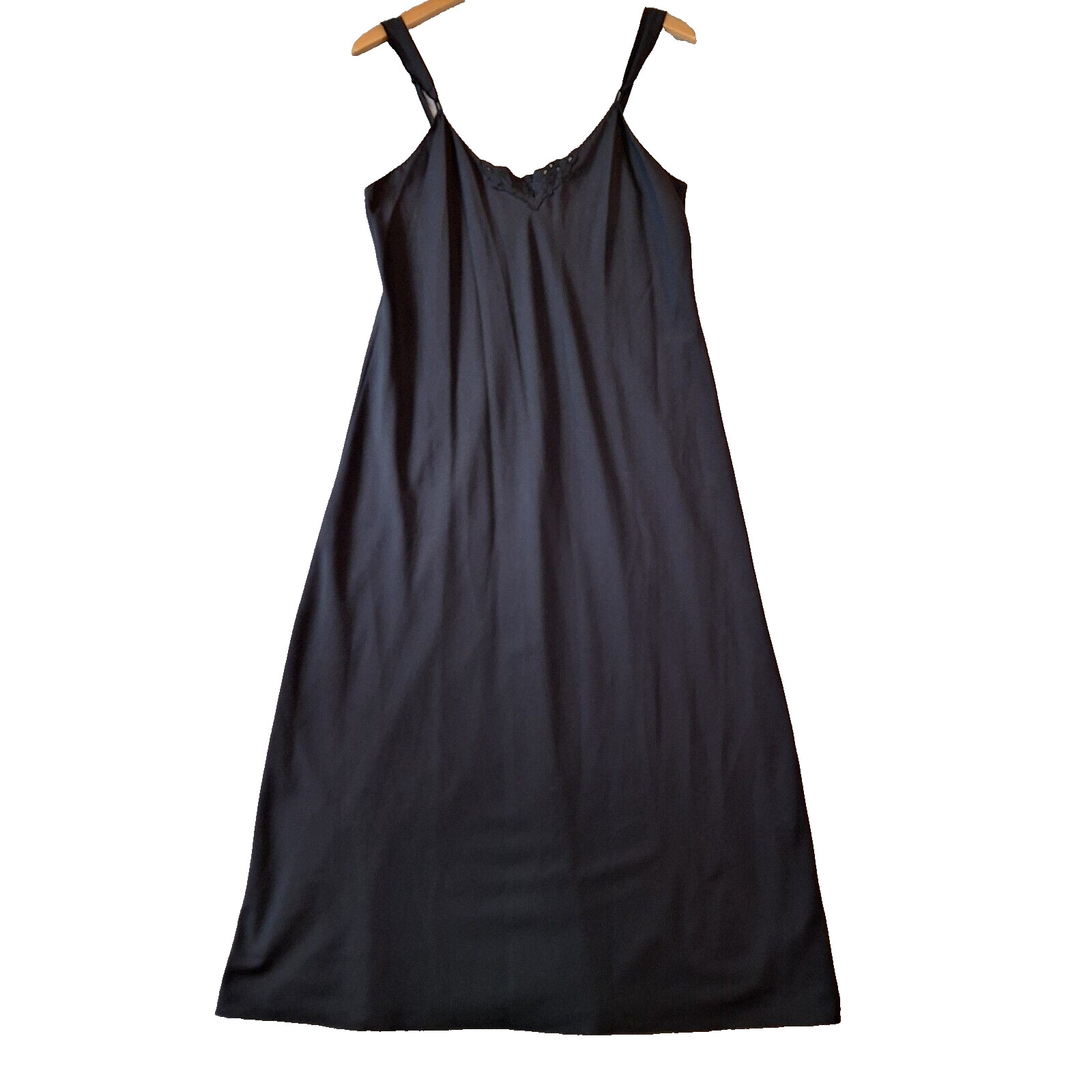 Vanity Fair Slip Dress Womens 38 Black Midi Floral Applique Nightgown USA Vtg
