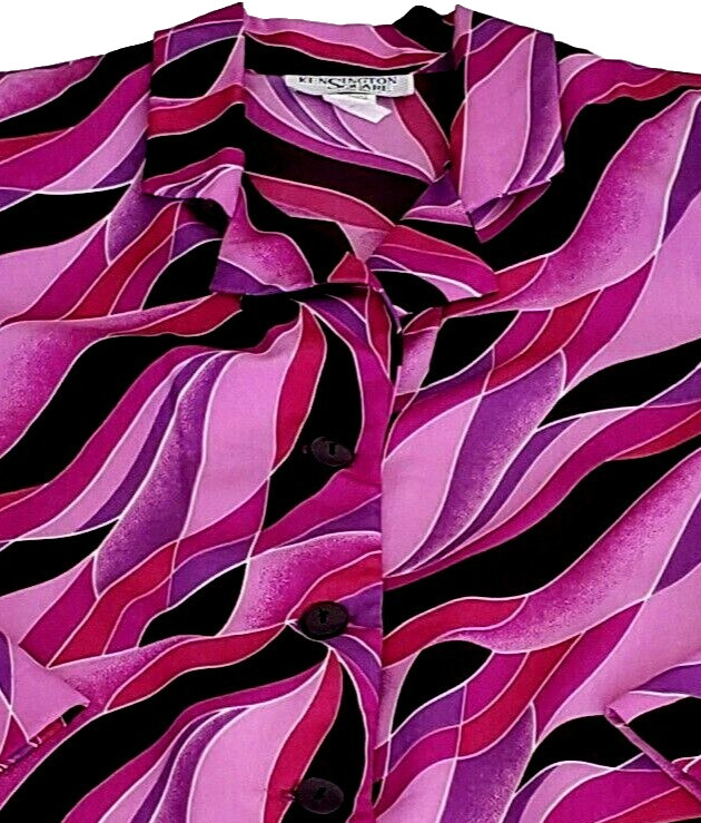 Vintage KENSINGTON SQUARE Purple Black Pink Abstract Top Shoulder Pads SZ Small