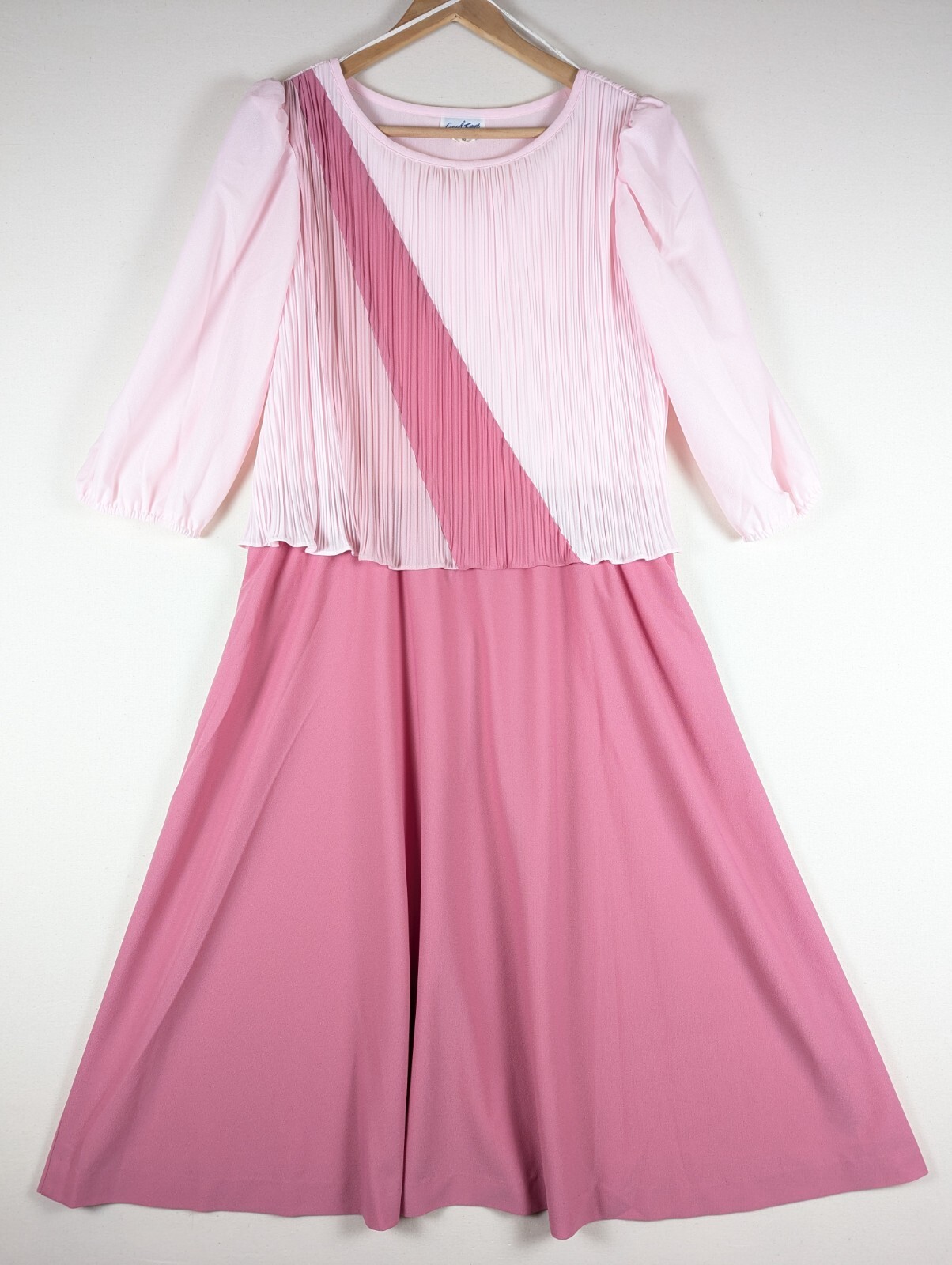 Vintage Good Times Pink Colorblock Pleated Dress 10 70s A Line Midi USA Made