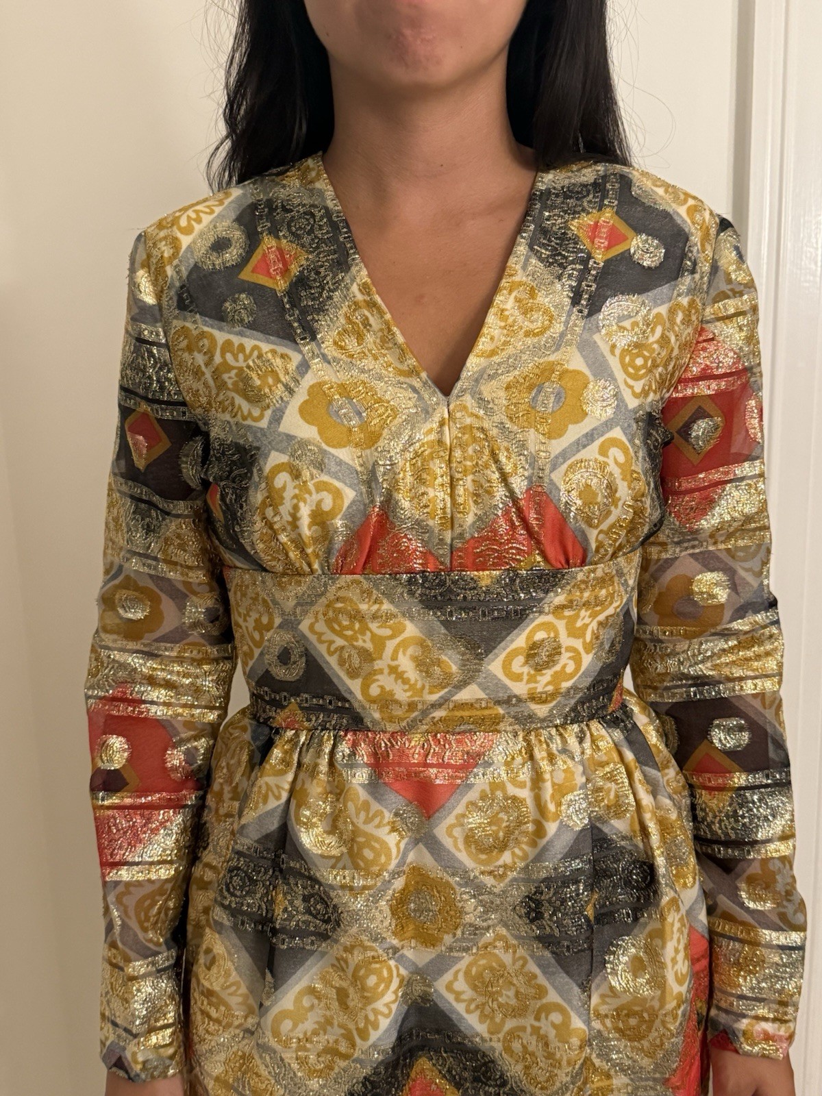 Vintage 70s Joseph Magnin Metallic Brocade Maxi Dress Gold Lurex Evening Gown