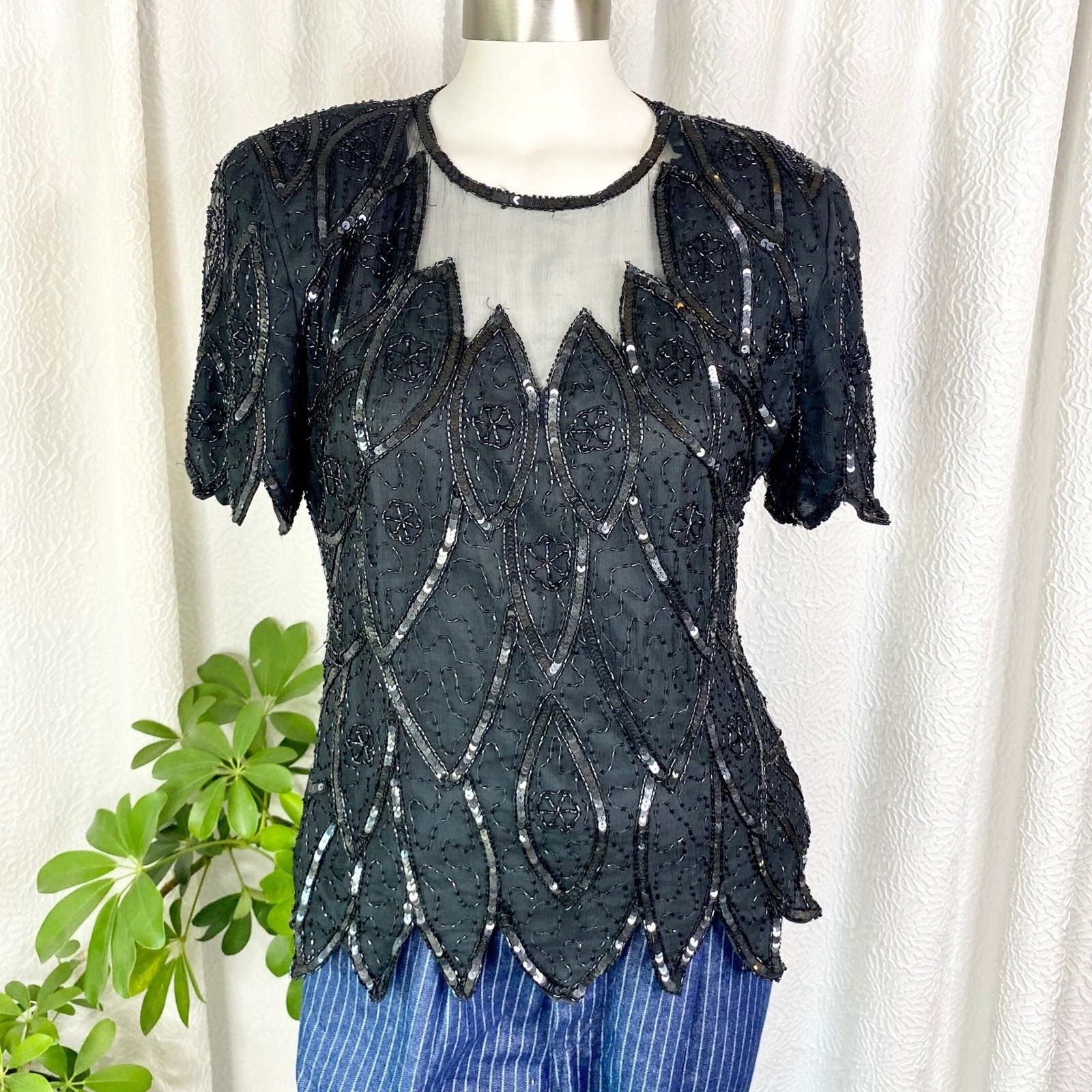 Vintage 100% Silk Black Sequin Top, Beaded Embellished, Size Medium