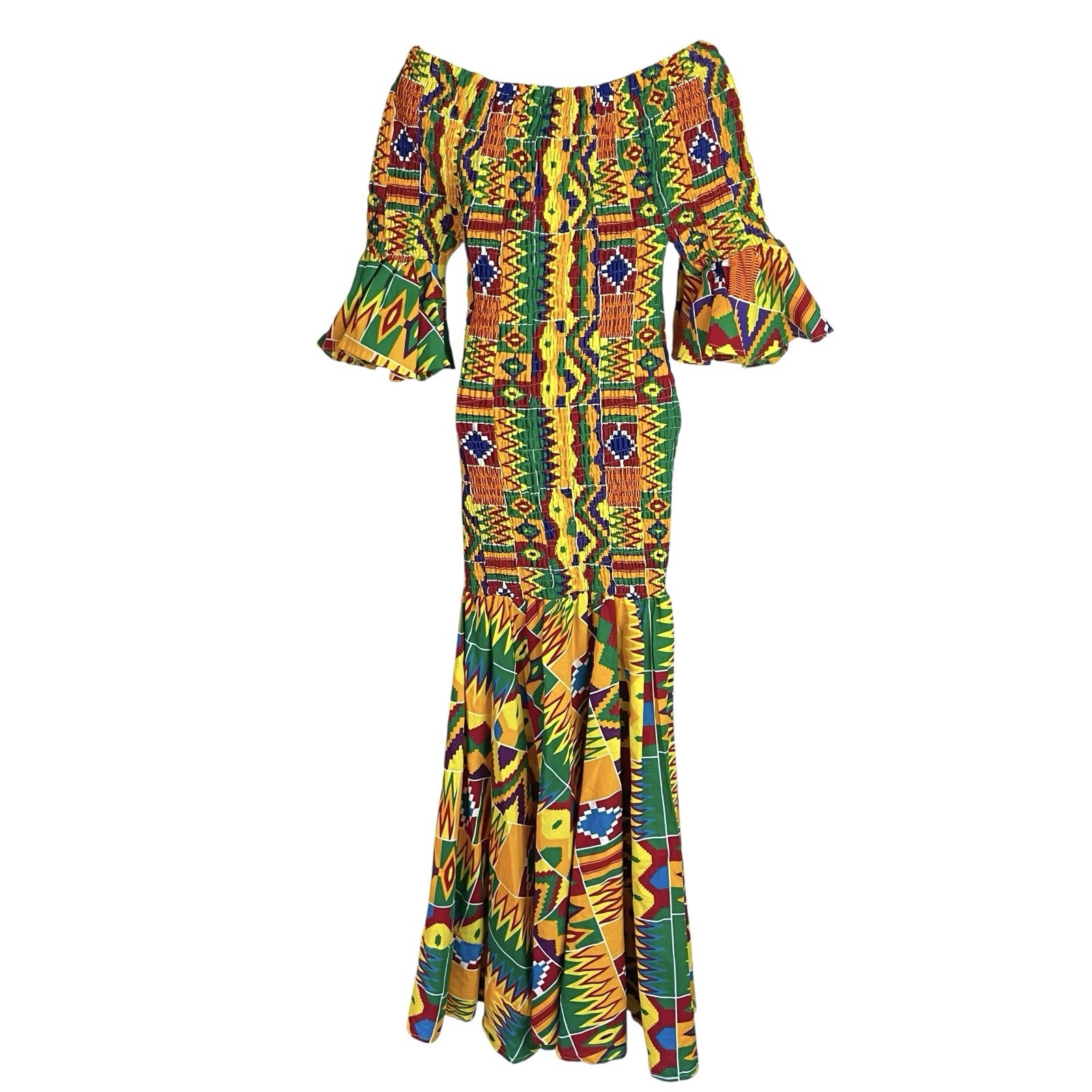 Vtg Smocked Kente African Maxi Dress Free Size World Dance Cultural Festival