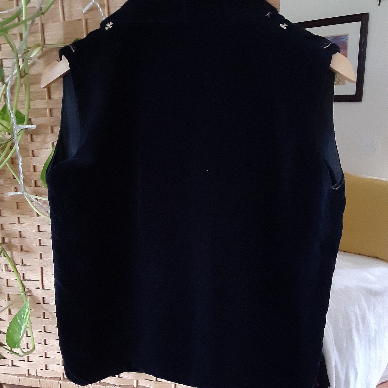 Vintage New Directions womens small black velveteen cotton vest with applique.