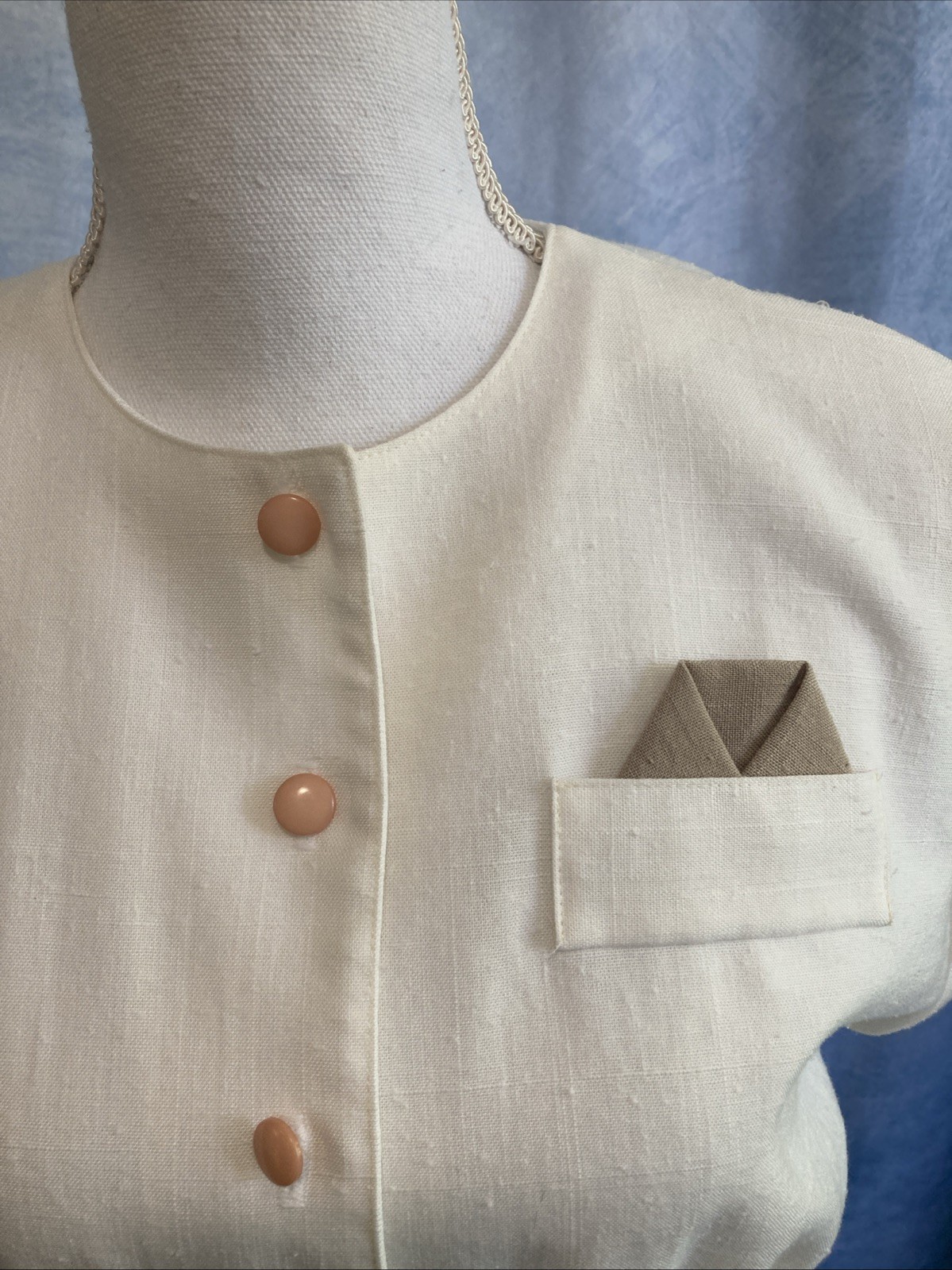 VTG 80s Does 50s Caron Petite Chicago Linen Look Dress Cream Tan Shirtdress XS