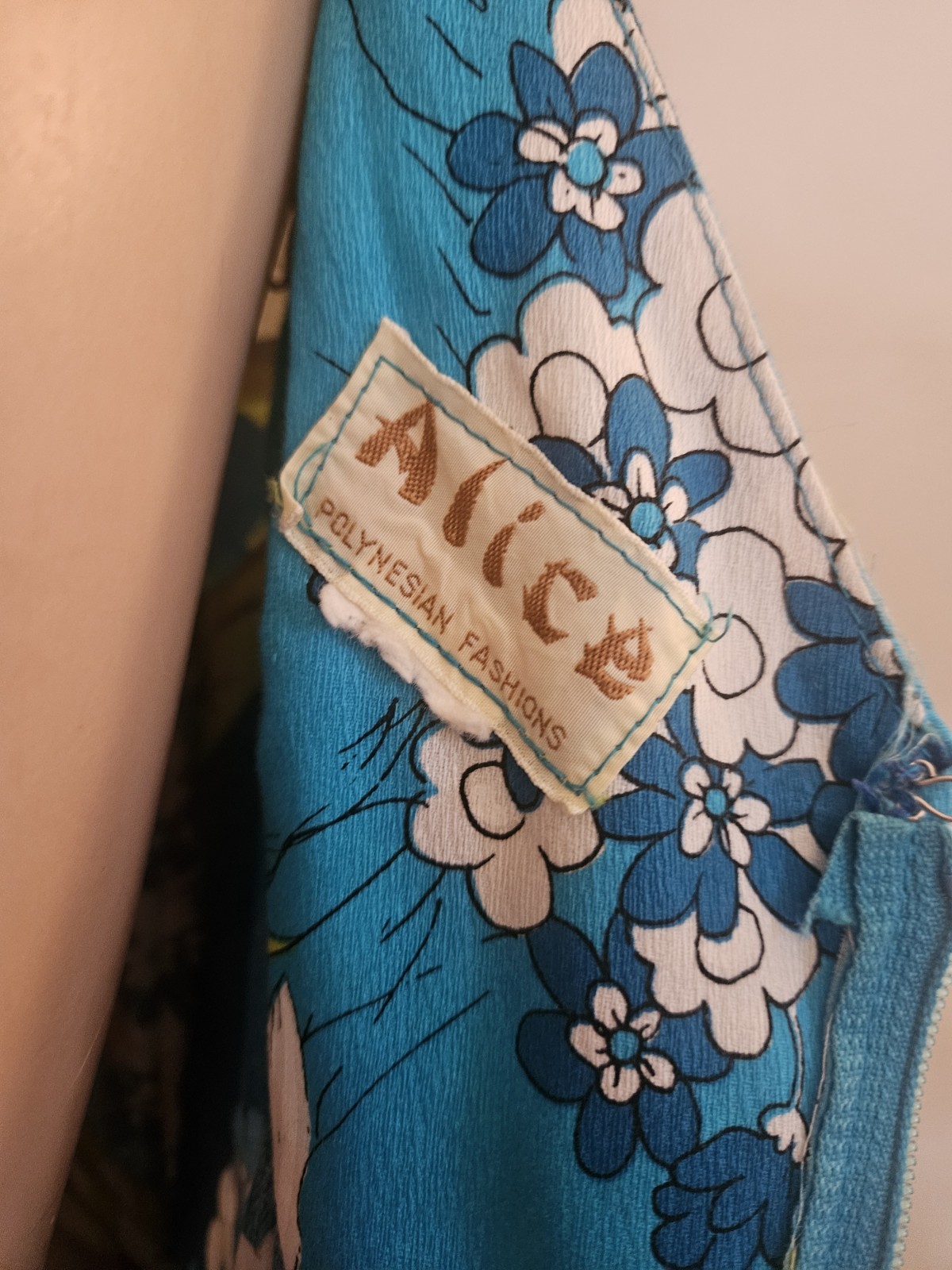 Vtg Alice Polynesian Hawaiian Hostess Dress Barkcloth Flower Power Daisy Blue