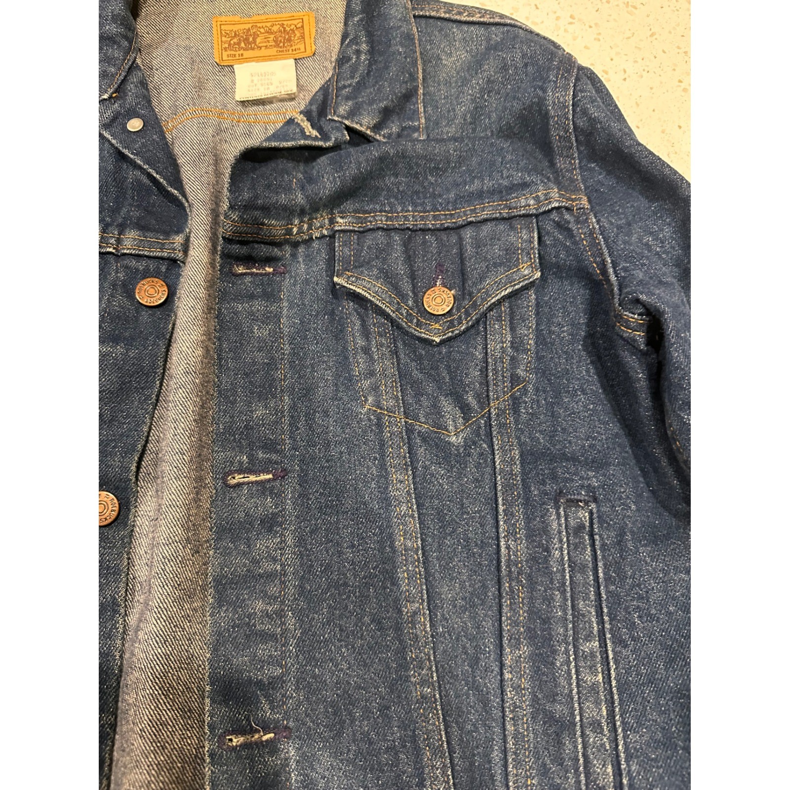 Vintage 1970s Sears Roebucks Denim Trucker Jacket USA Dark Wash Size 18 read