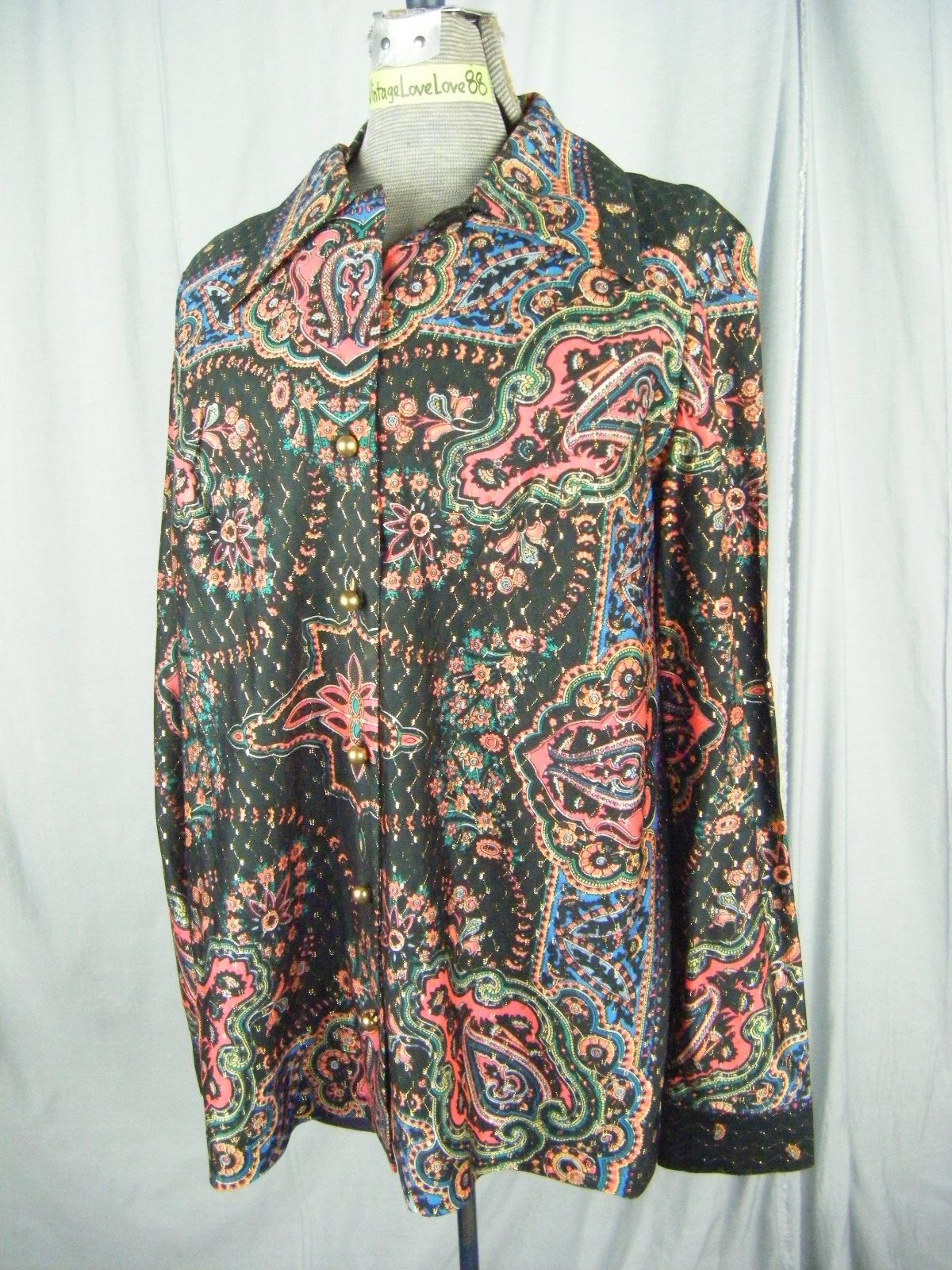 Vintage 60-70s Black Golden Stitches Mod Printed Nylon Knit Blouse-Bust 46/L