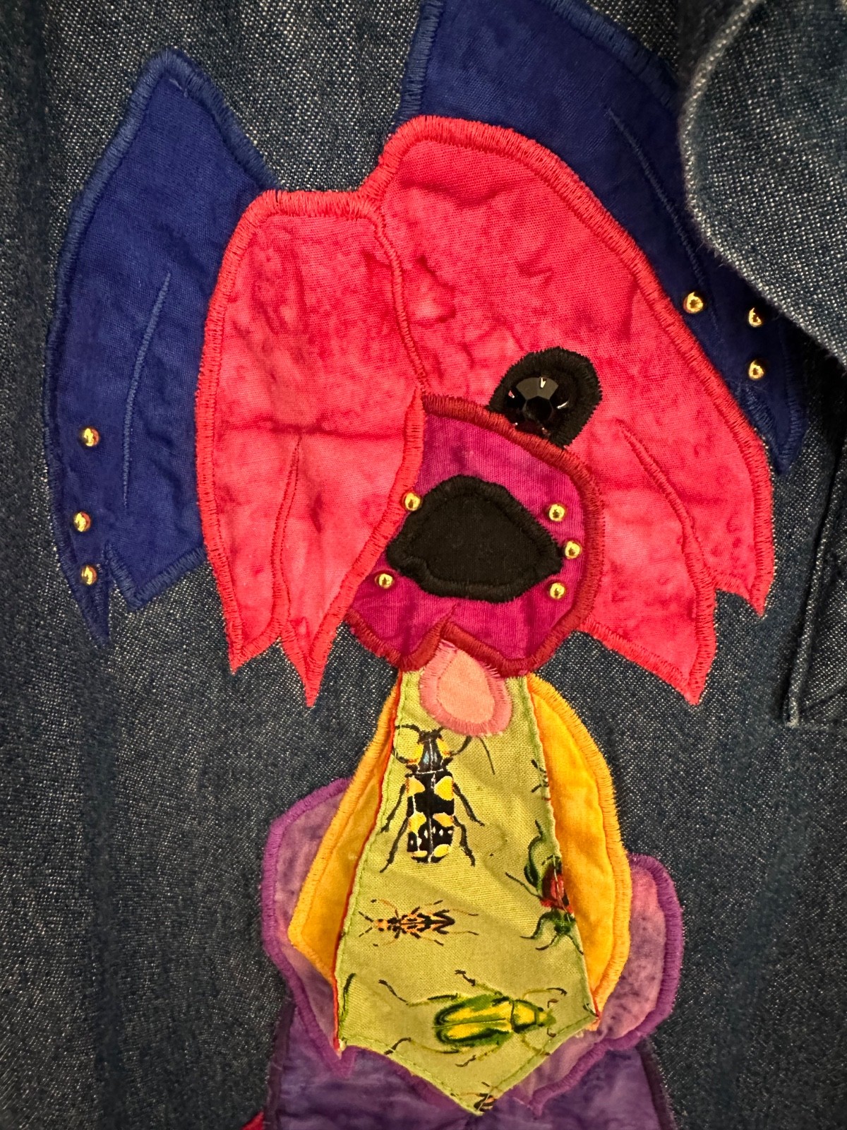 VTG Alfredo’s Wife Wearable Art Whimsical Dog Applique Denim Tunic SZ S OOAK