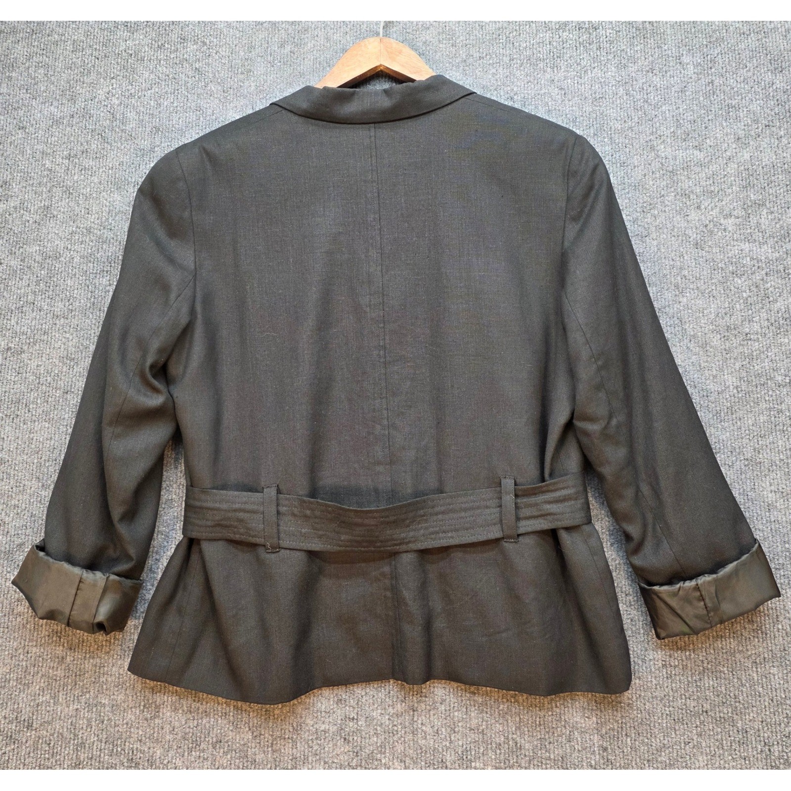 Stanley Blacker Safari Jacket Women 10 Black Excellent VTG Belted Linen Blend