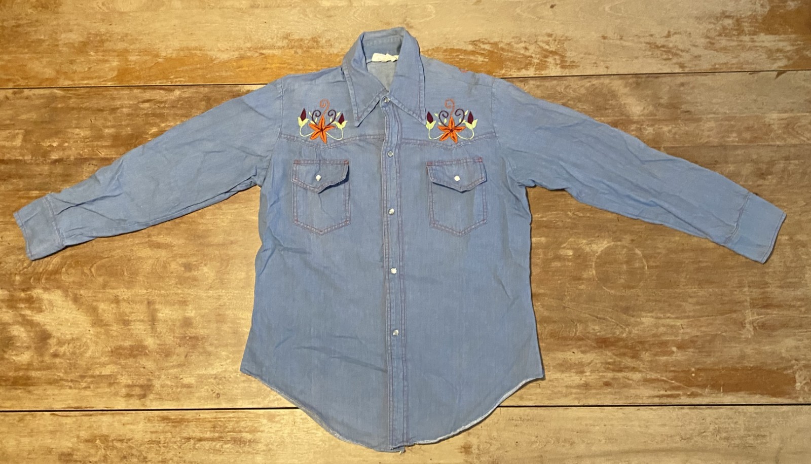 Vintage denim pearl snap button up with embroidery