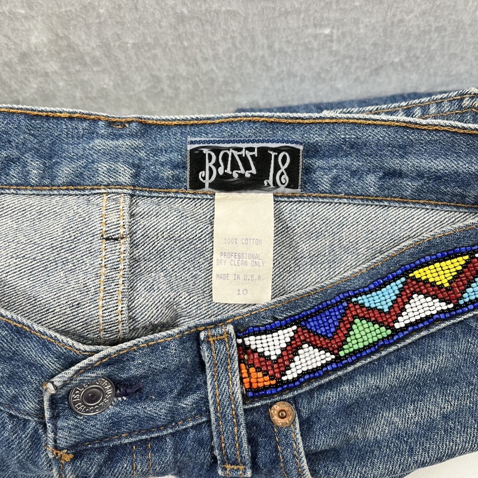 VTG 90’s BUZZ 18 BEADED LEVI’S 501 Jeans Sz 10 Tribal Boho Cropped Length UNIQUE