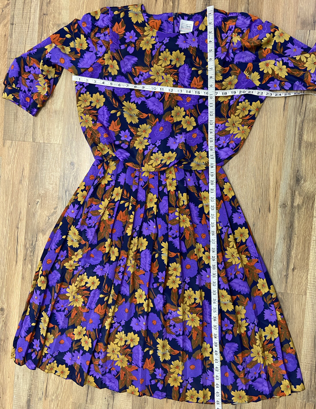 Vintage Shelly Michaels Purple Yellow Floral Pleated Blouson Dress Women’s 15/16