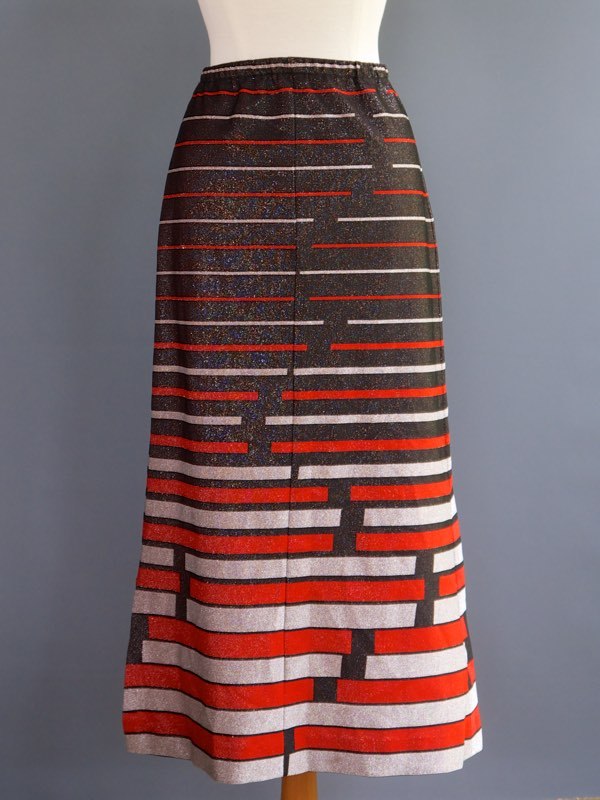 VTG 70s Mod Metallic Dress Maxi Skirt Graphic Line Black Red Silver Stretch M L