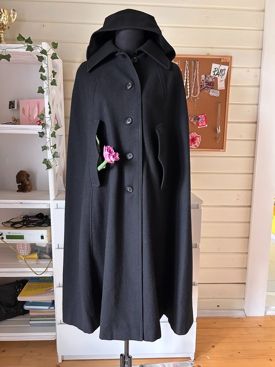Vintage Swiss Black Wool Cape Coat with Detachable Hood Cloak S-M
