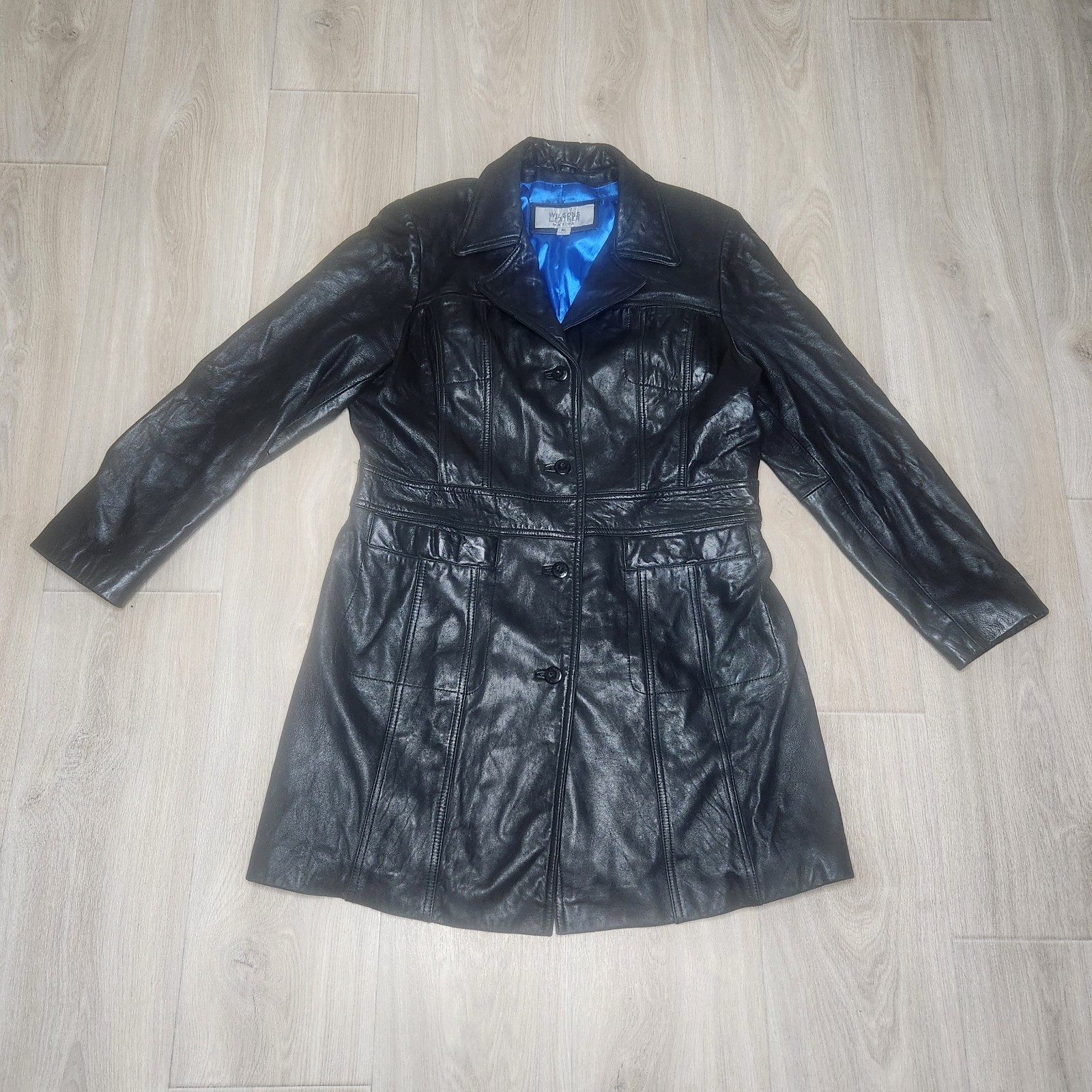 Vintage Wilsons Leather Maxima Trench Coat Women’s XL Black Blue Lining Y2K 90s