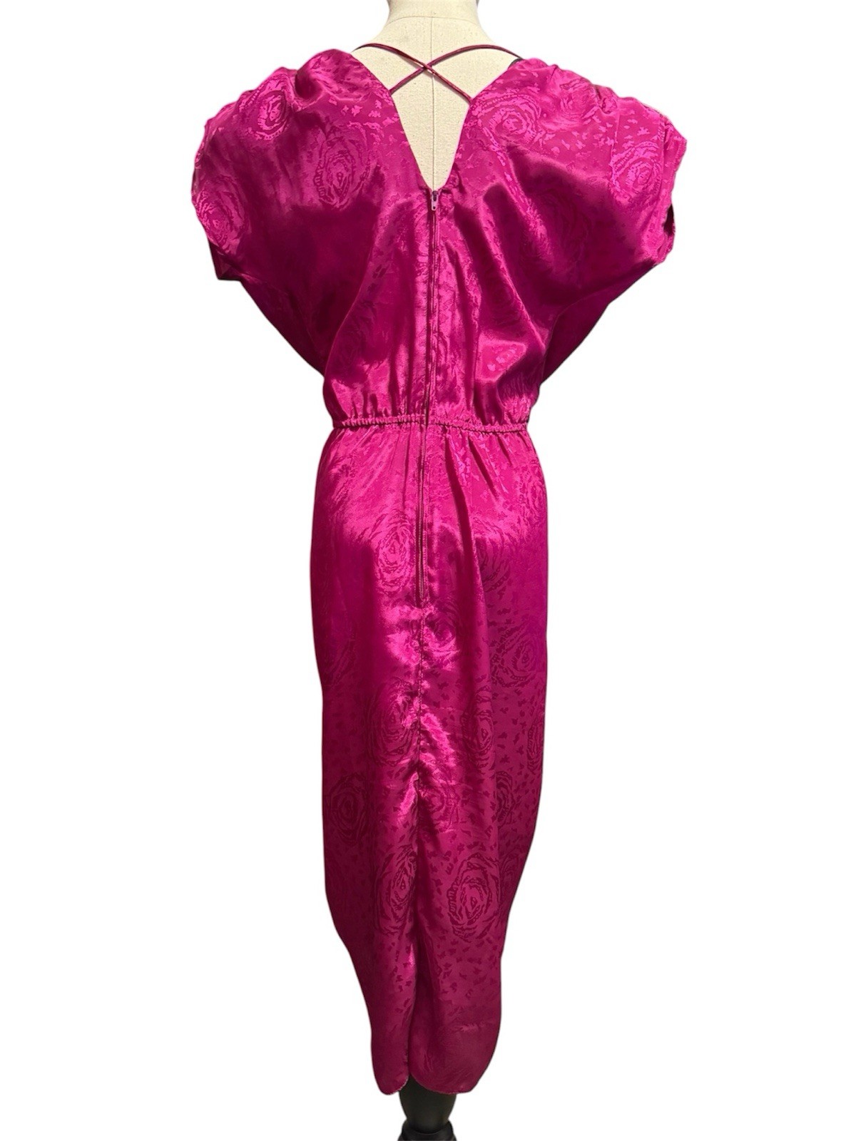 Vintage Frederick’s of Hollywood Magenta Jacquard Dress Size 7 Ruched Sequin 80s