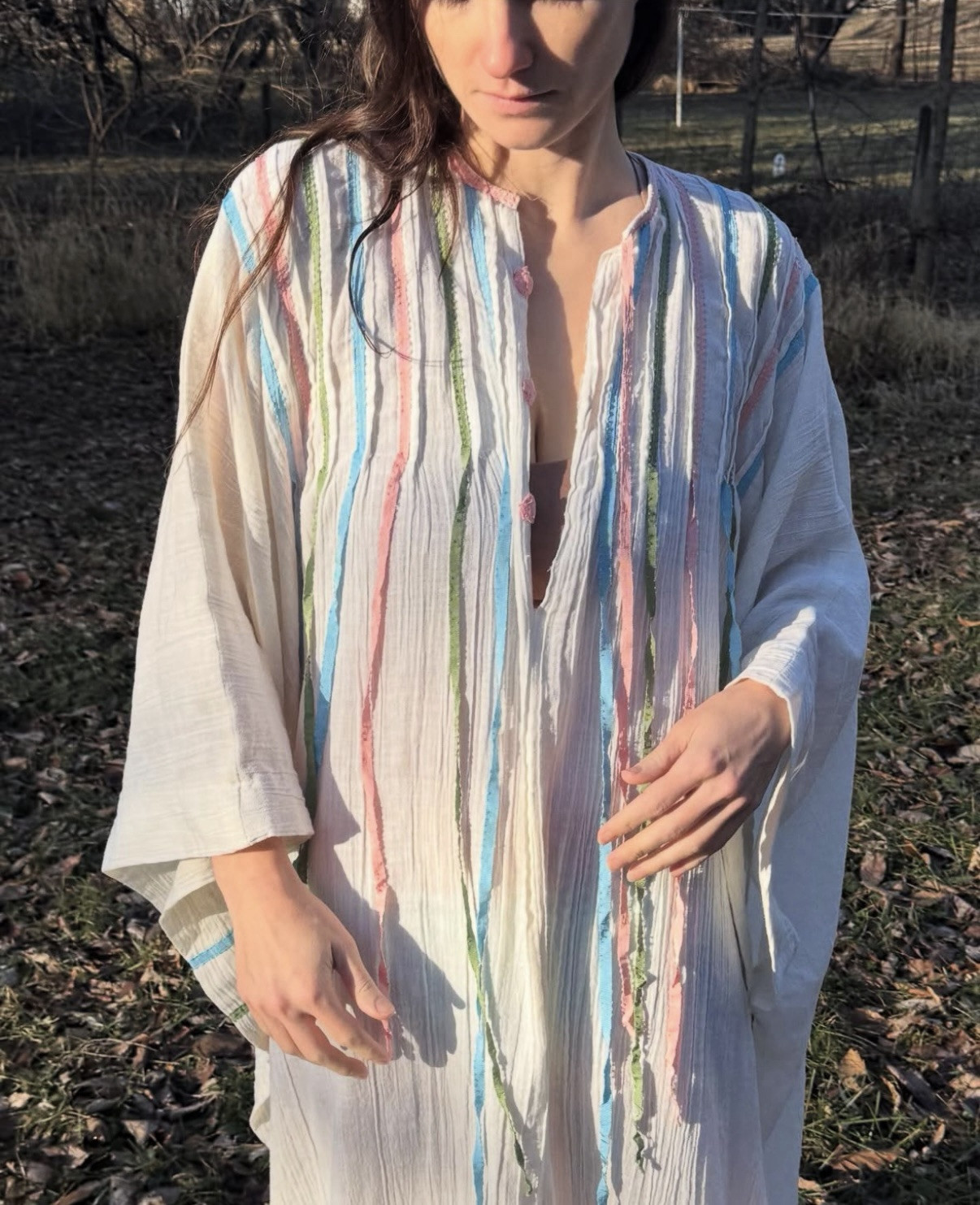 Vintage 1970s Cotton Gauze Ribbon Caftan Open Size