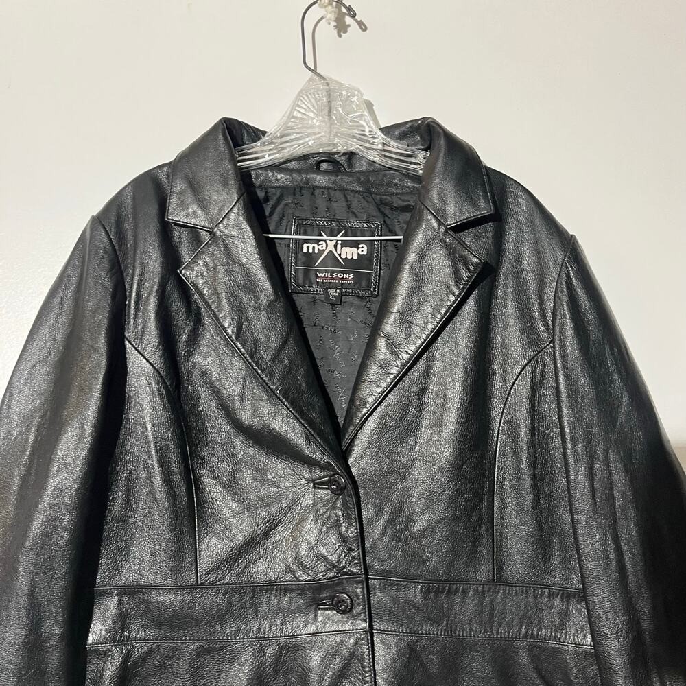 Vintage 90s Wilsons Leather Maxima Black Leather Jacket Button Front Womans XL