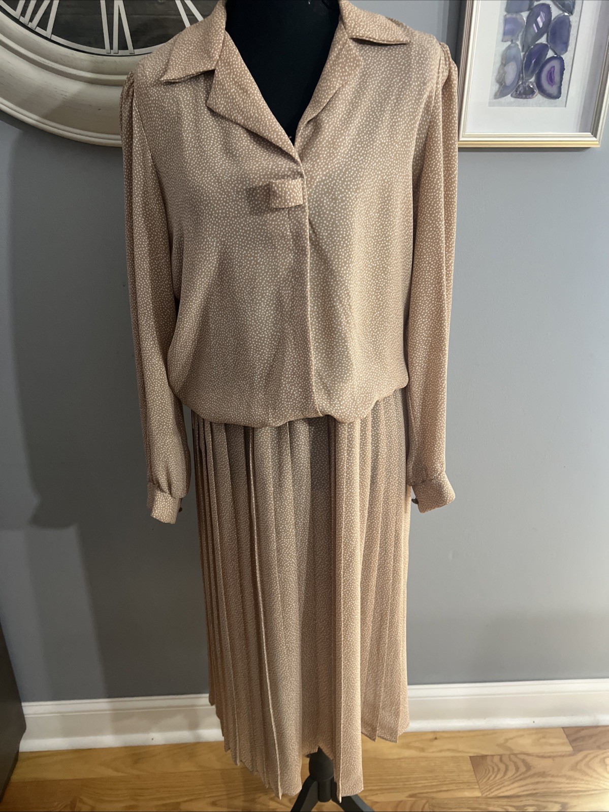 Vintage Breli Dress Size 14 Tan Polka Dots White Polyester