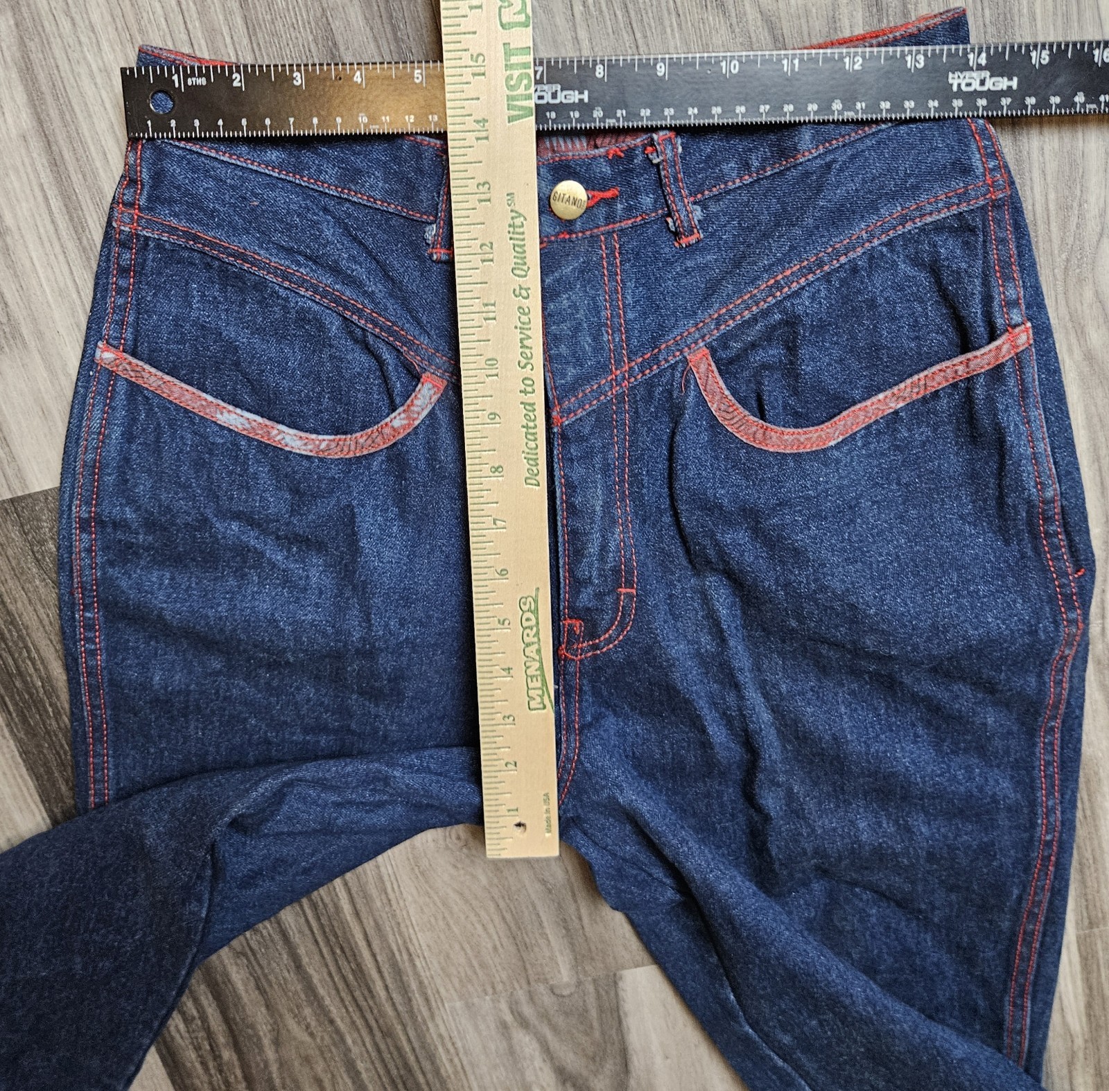 80s VTG Gitano Womens Blue Denim Red Stitching Tribal Accent Cuffs/Pockets Y2K