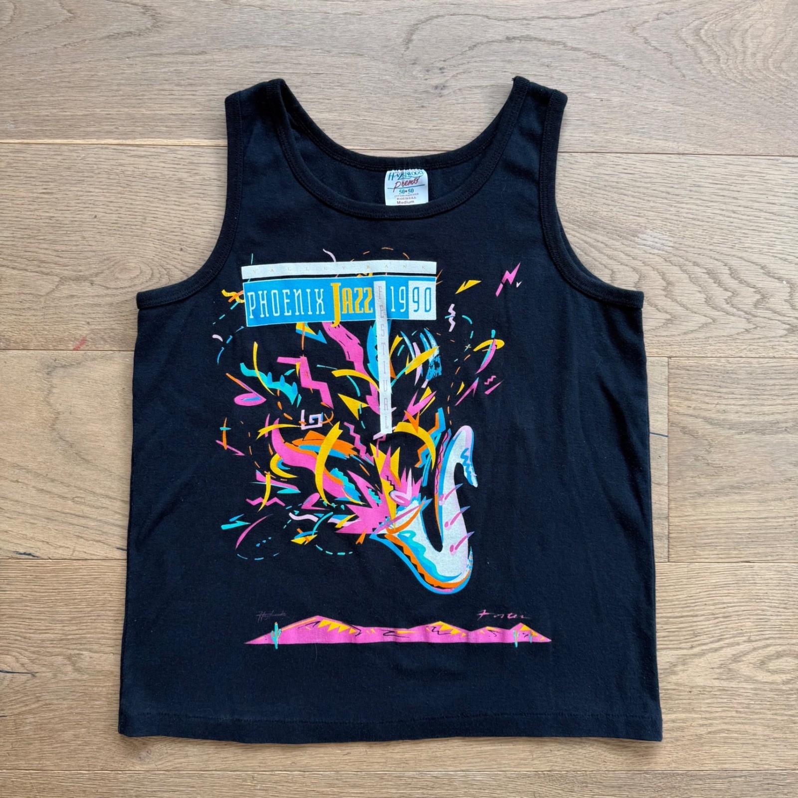 Vintage 1990 Phoenix Jazz Festival Tank Top Hazelwood Premo Black Neon Medium