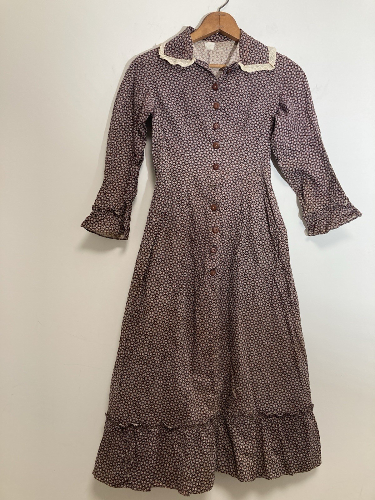 VTG HANDMADE PRARIE BROWN & RED FEEDSACK COTTAGECORE FARM GIRL DRESS