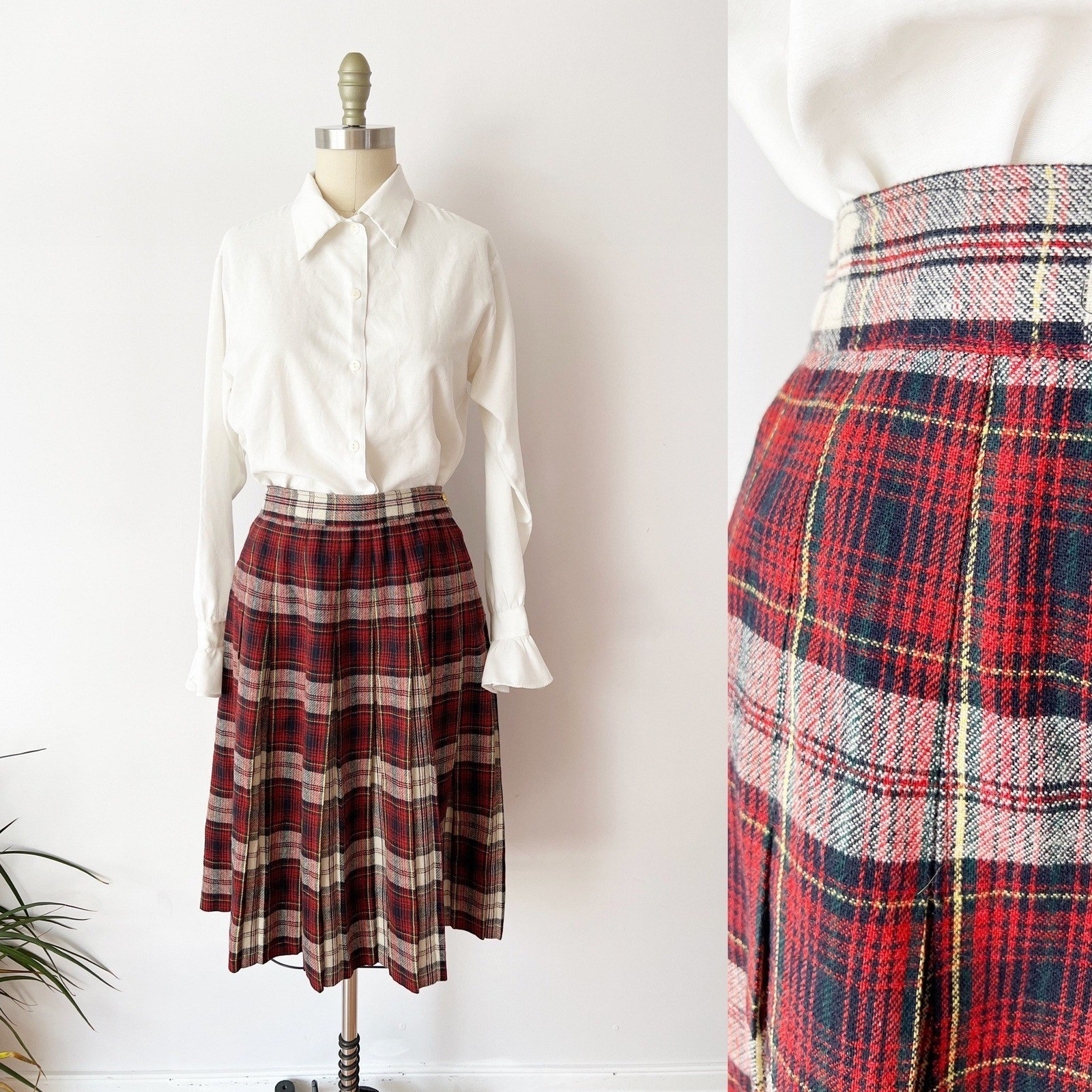 SIZE S/M 1960s Plaid Pleated Midi Skirt Red High Waist Tartan Wool Schoolgirl