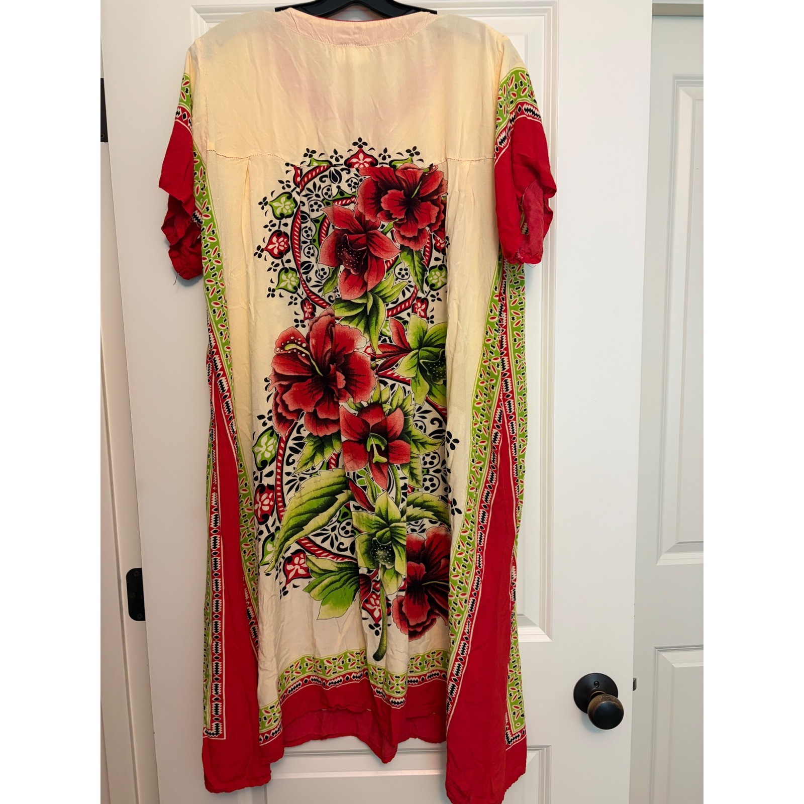 Vintage Batik Kencana Mas Indonesian Kaftan Dress Floral Muumuu Red Cream Boho