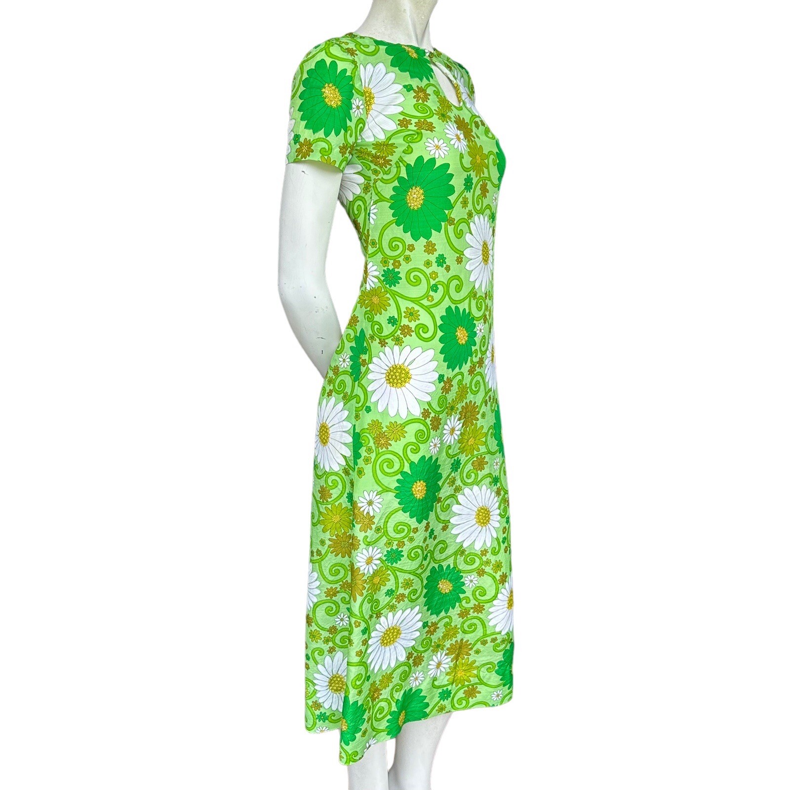 Vintage 60s 70s Handmade Floral Psychedelic Keyhole Neckline Midi Dress XS?