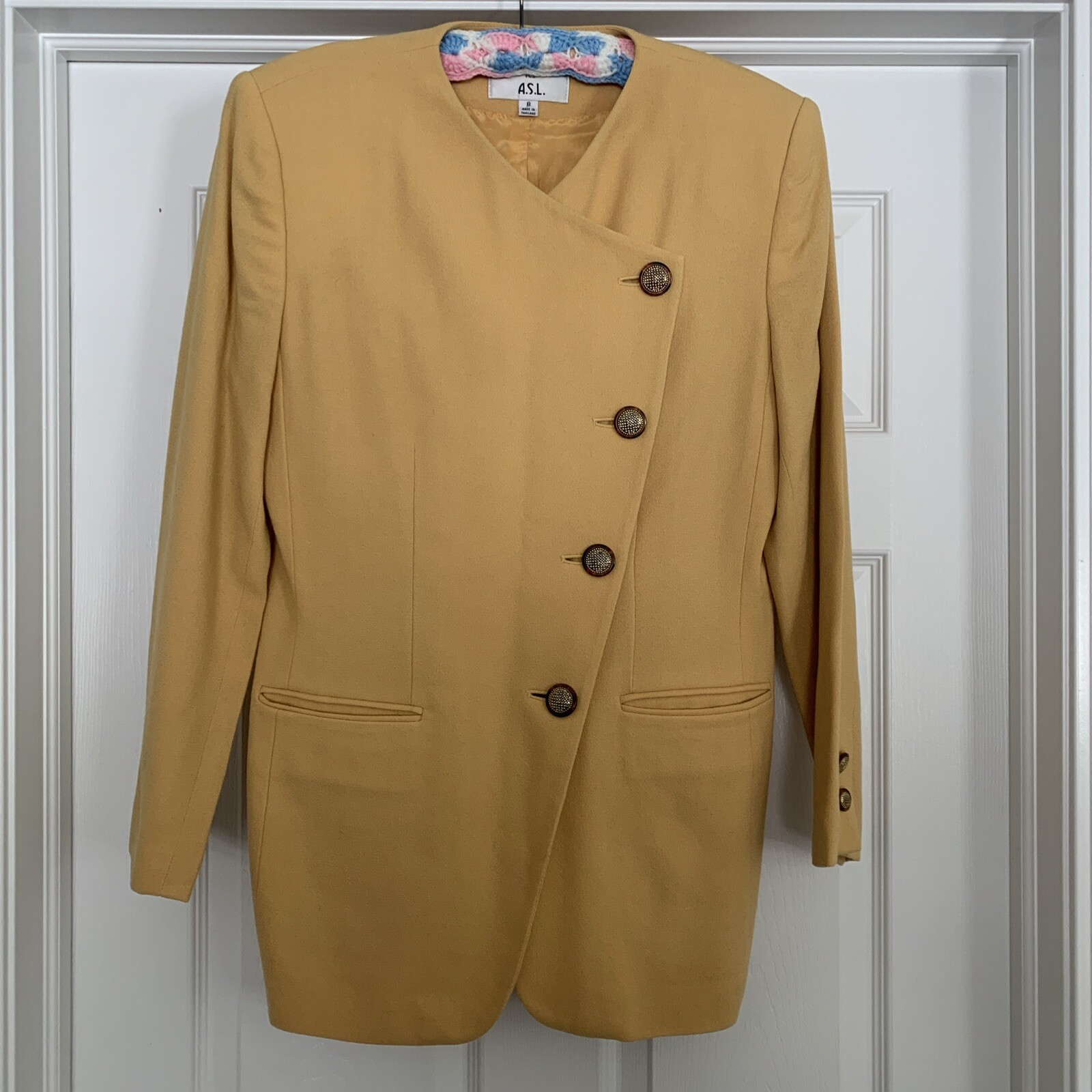 Vintage 80s Wool Kasper For ASL Asymmetrical Harvest Gold Yellow Blazer Jacket 8