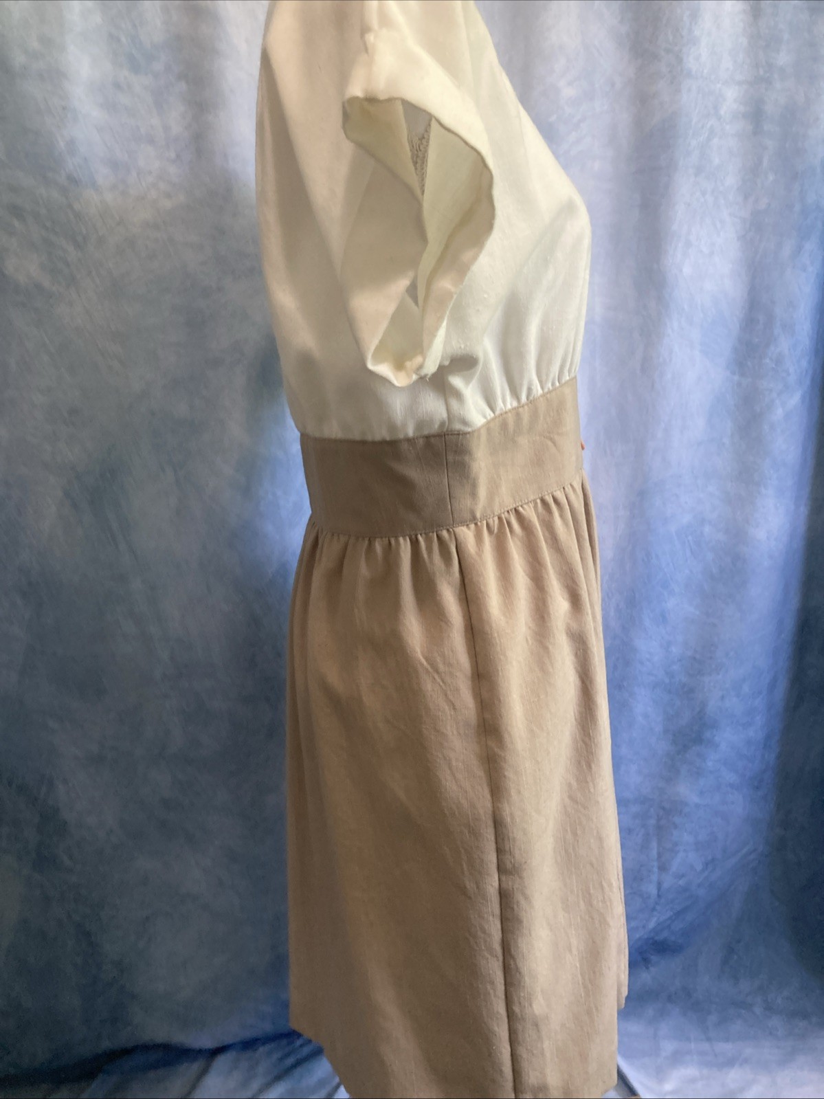 VTG 80s Does 50s Caron Petite Chicago Linen Look Dress Cream Tan Shirtdress XS