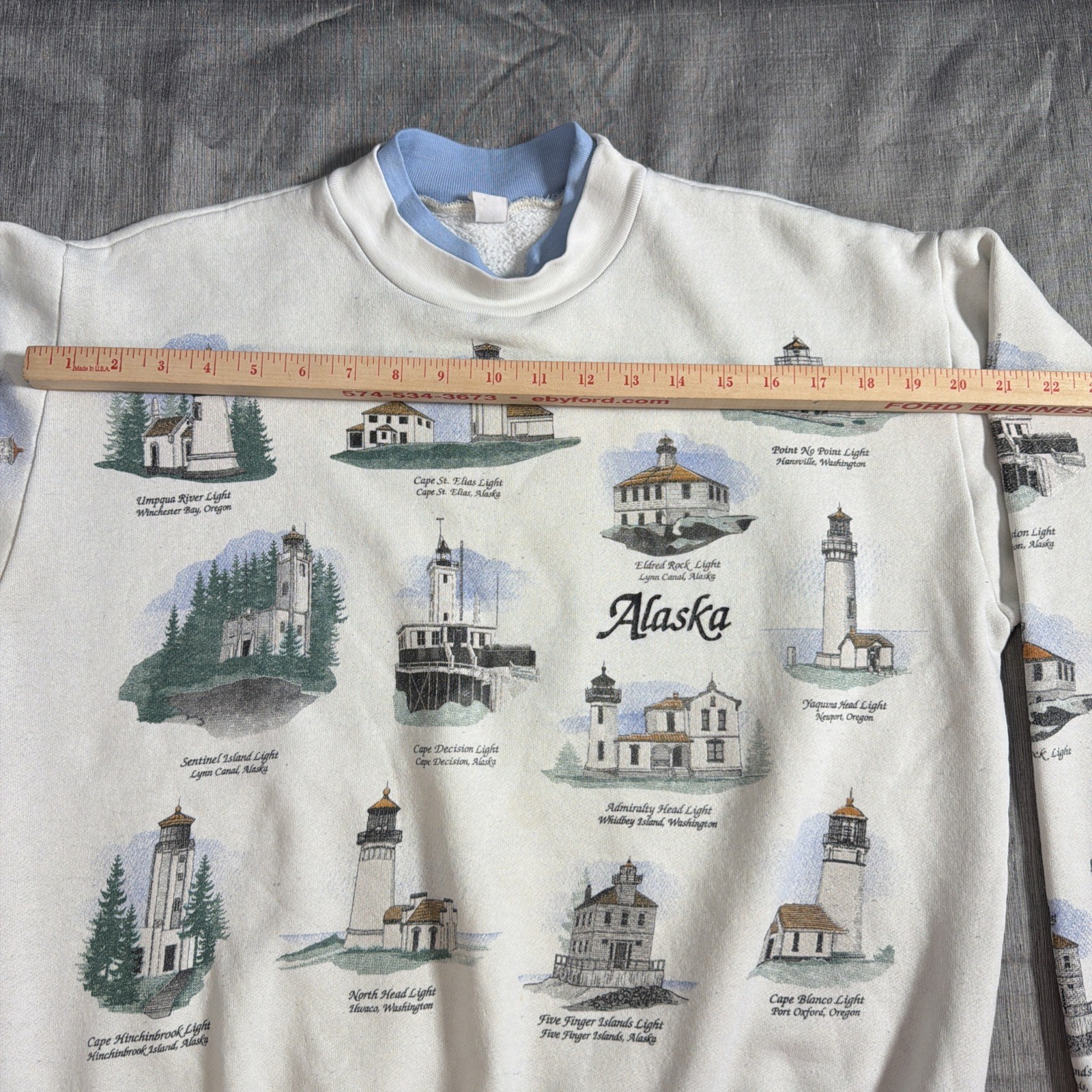 Alaska Lighthouses AOP Womens L Crewneck Sweater Ivory Blue Collar Vintage 90s