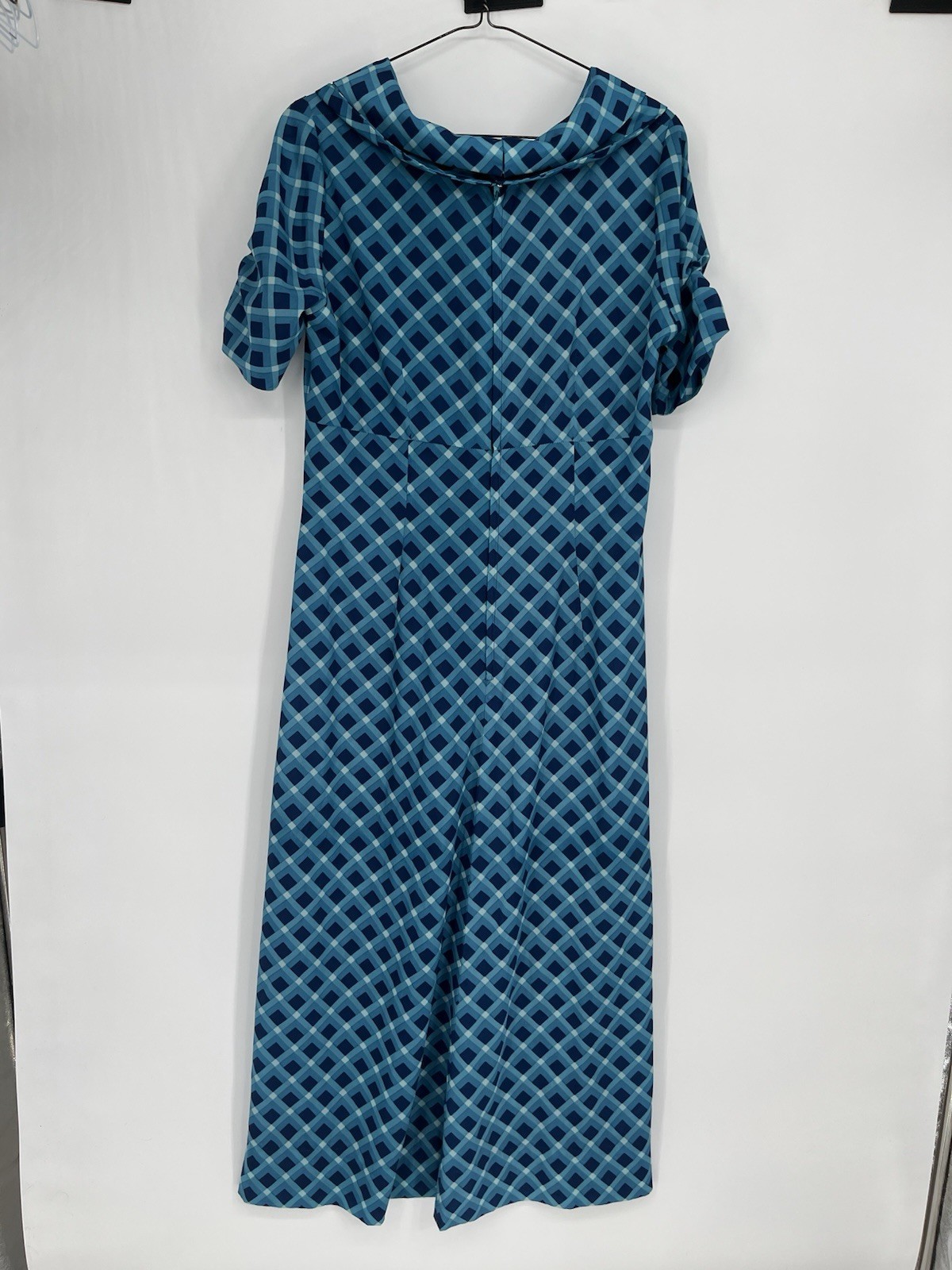 Vtg Blue Checkered Maxi Dress Double Collar Puff Sleeve No Size Approx. M/L