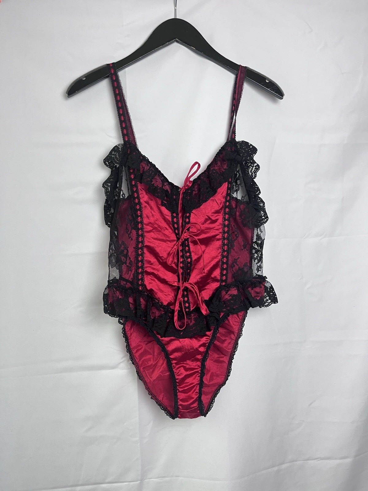 Vintage 80s Satin Red Black Teddy Bodysuit Lingerie Romantic Lace Ruffle S/M