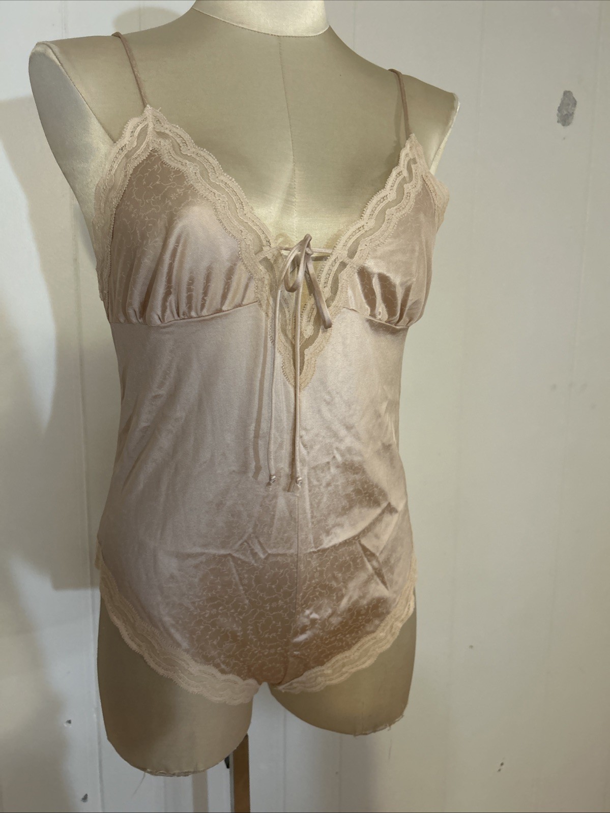 Vintage Designer Givenchy Light Nude Tan Lace Trim, Bodysuit Teddy Small