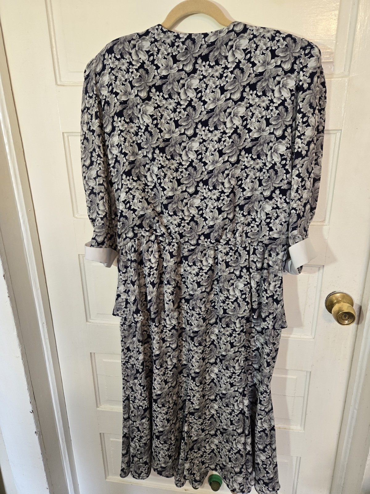 Vtg 90s Liz Robert’s Dress 18WP White Black Floral Boat Collar 3/4 Cuff Sleeves