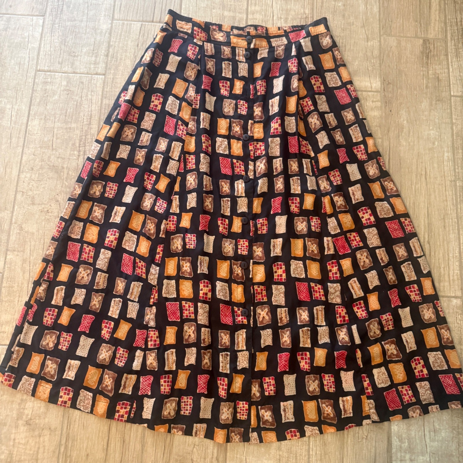 Anna & Frank Vintage 100% Silk Geometric Block Print Button Front Midi Skirt L