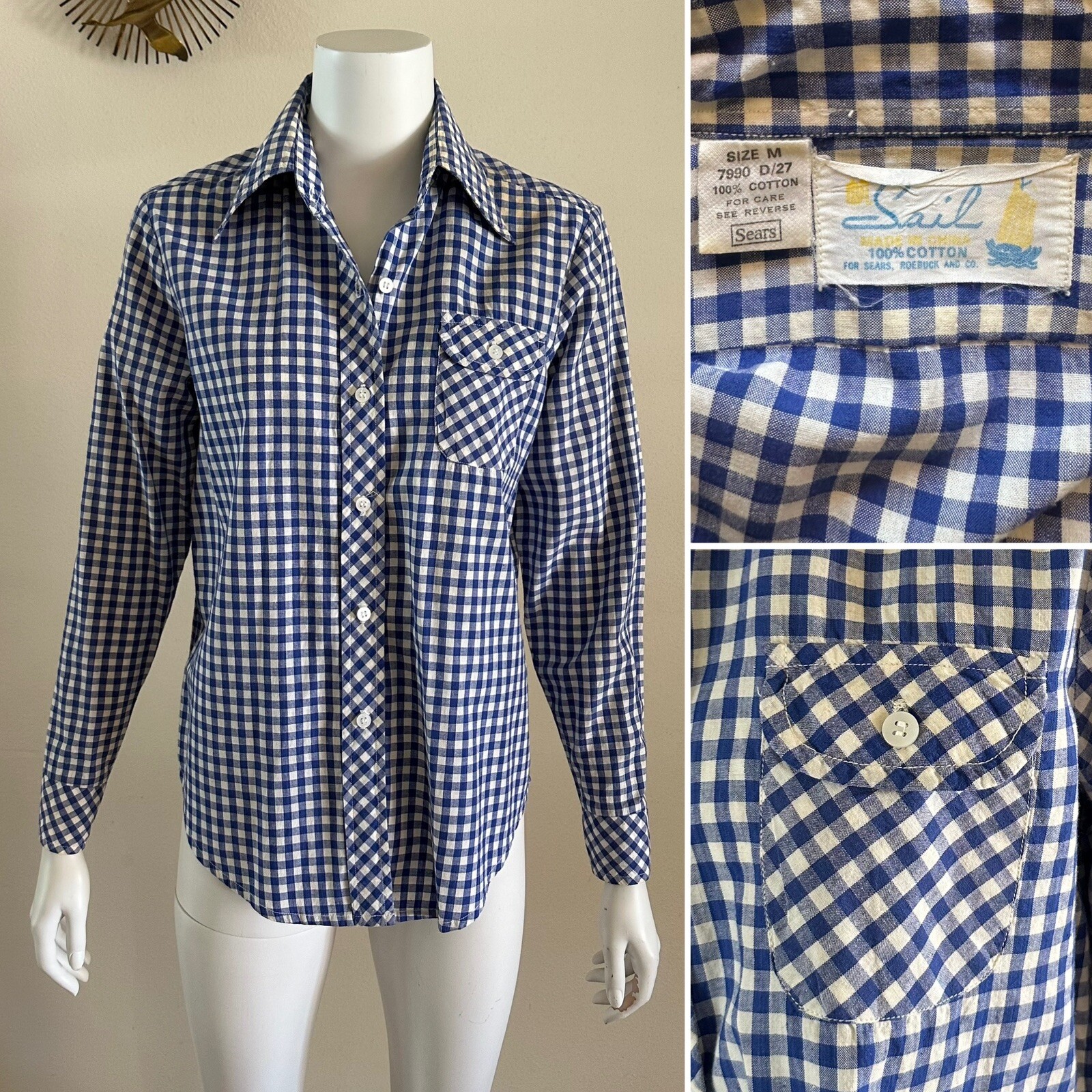 60s 70s SAIL Sears Single Pocket Gingham Blouse Shirt Western Workwear Farm VTG
