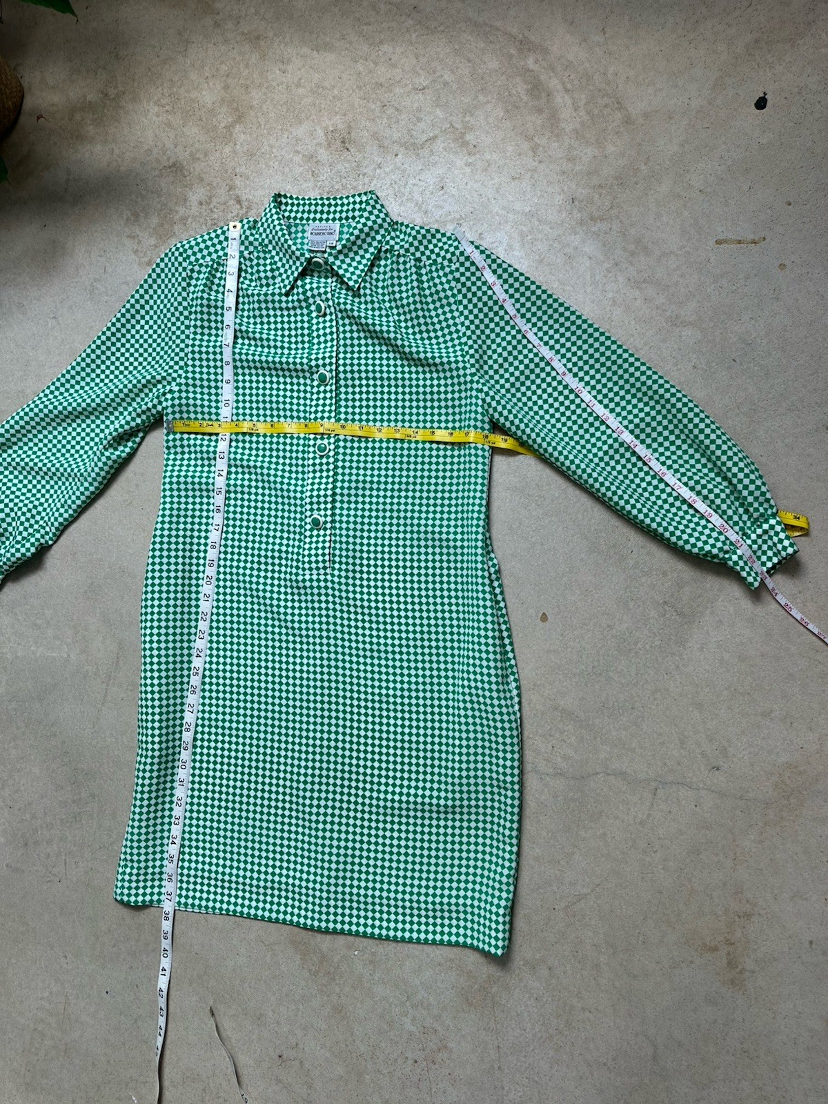 Vintage 70s Brownstone Studio Mod Shirt Dress Green Check Pockets Petite 12
