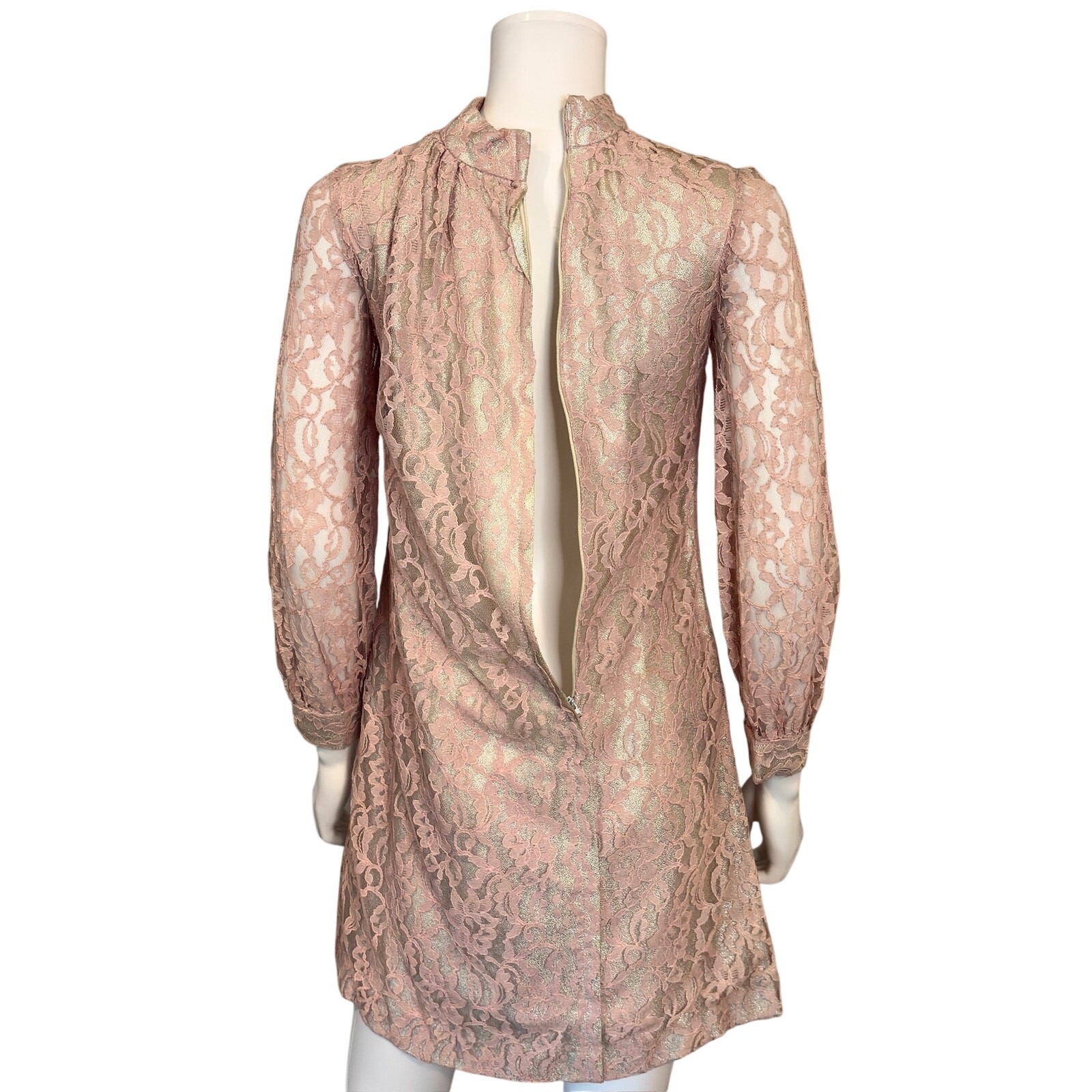 Vtg 60s Pink Metallic Lace Mini Dress S/M High Neck Mod Party Go-Go Sheer Sleeve