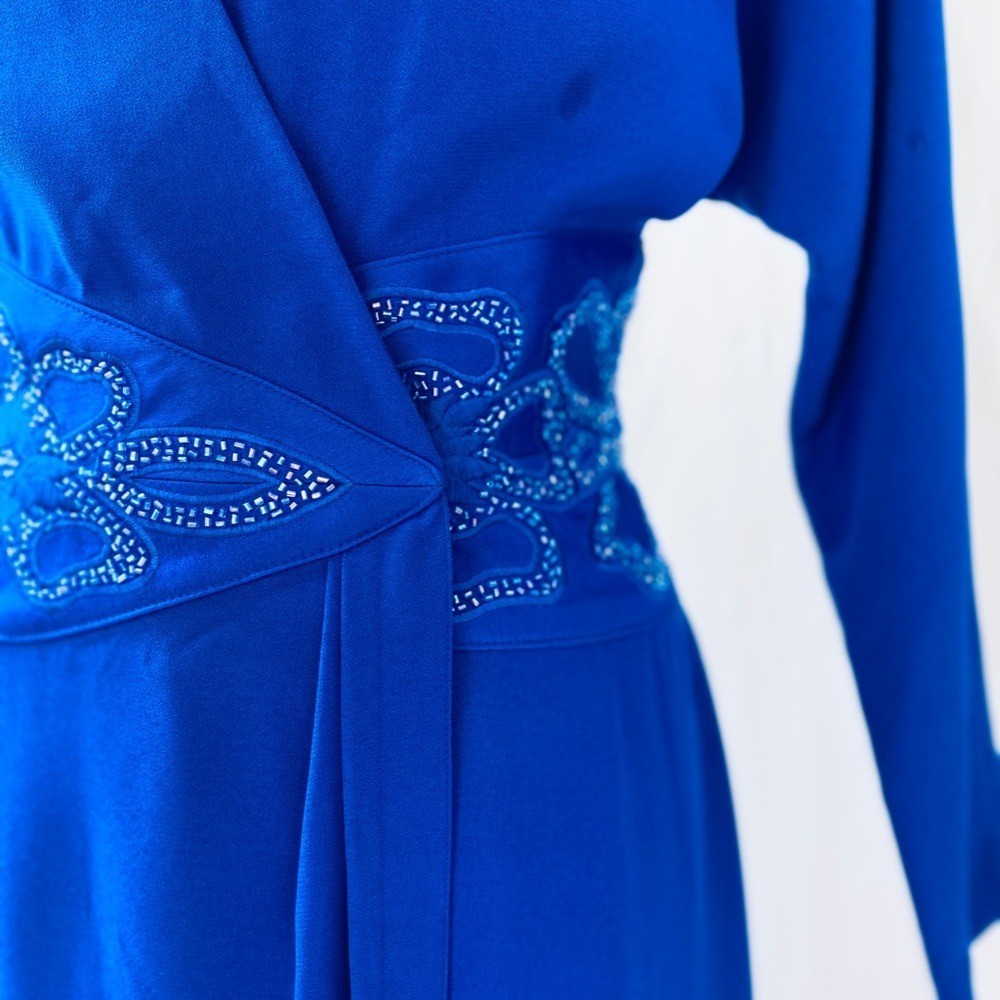 Vintage 80’s Daymor Couture Blue Wrap Style Dress with Beaded Embellishments S