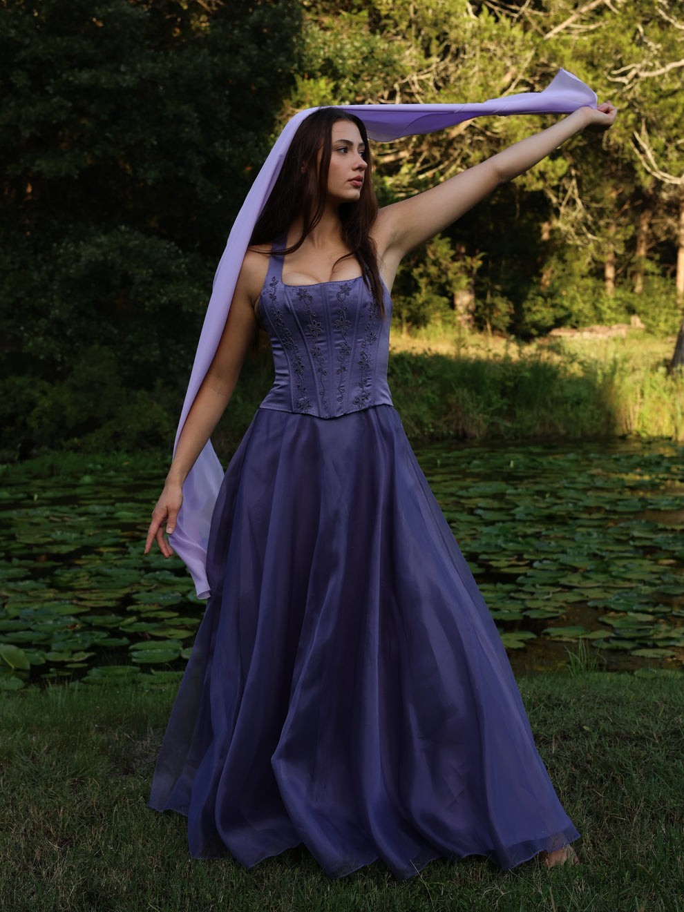 Vintage 90s Lavender Whimsigoth Corset Halter Gown With Beaded Organza Skirt